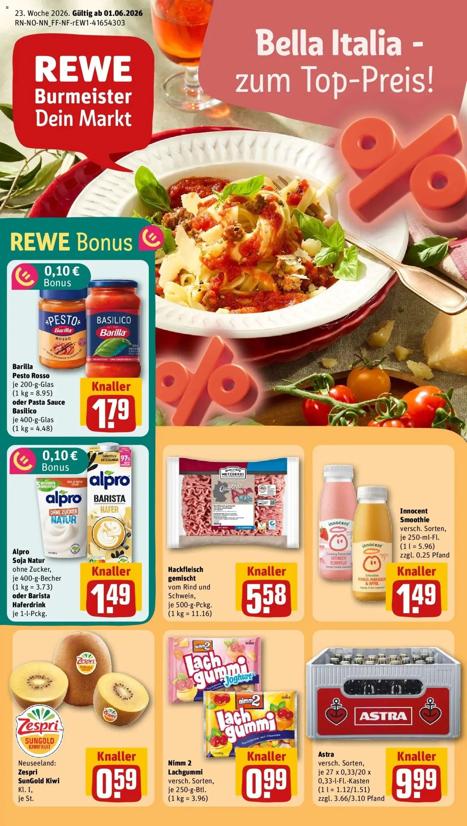 Vorschau von dem Prospekt des Geschäftes Rewe, gültig ab dem 01.06.2026 - Pasta, Äpfel, Kiwi, Hackfleisch, Zucker, Barilla, Astra, Barilla pesto