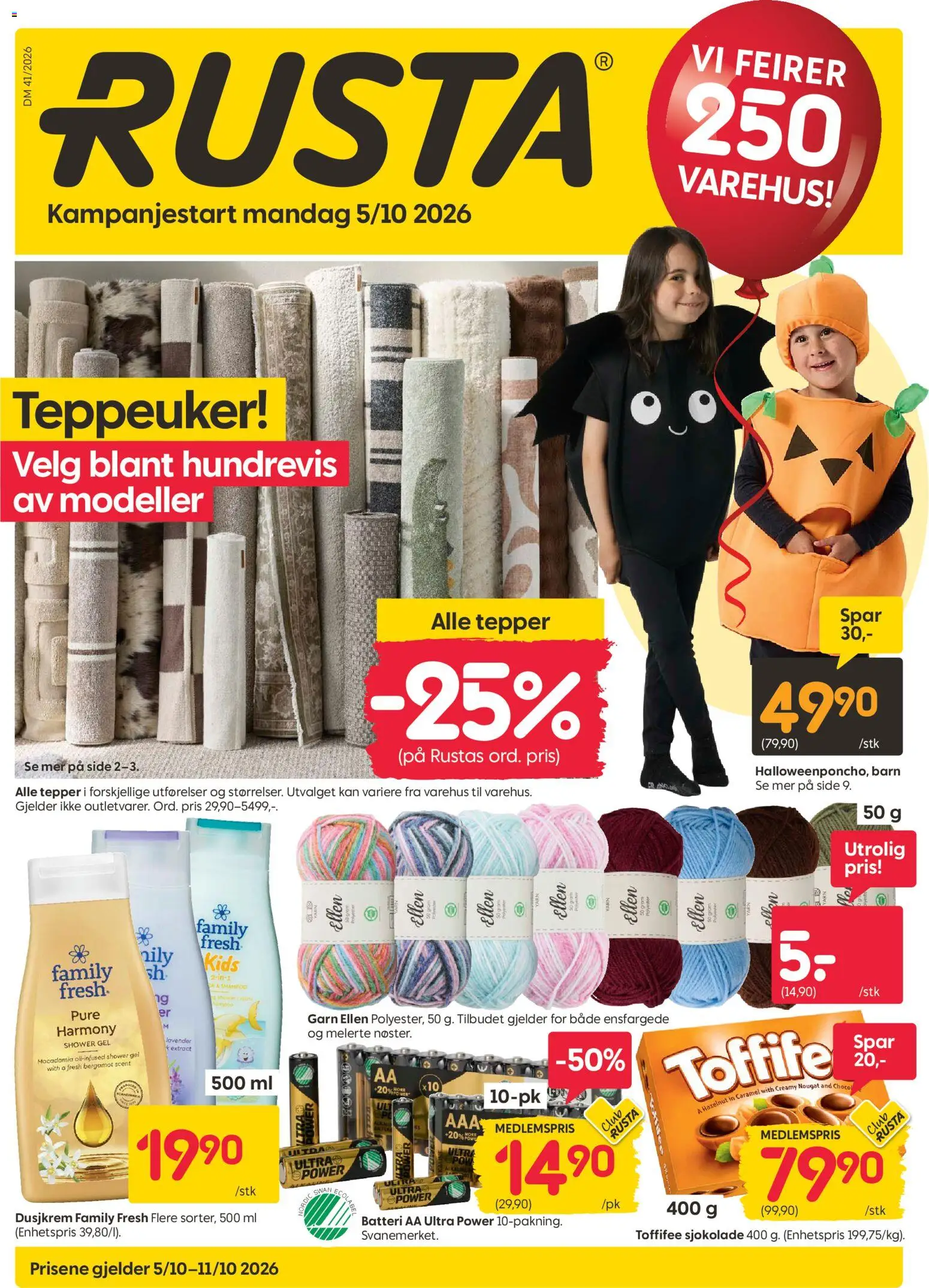 Forhåndsvis Rusta kundeavis fra butikk Rusta gyldig fra 05/10/2026 - Sjokolade, Shower Gel, And, Rug, Tepper, Dusjkrem, Batteri, Garn