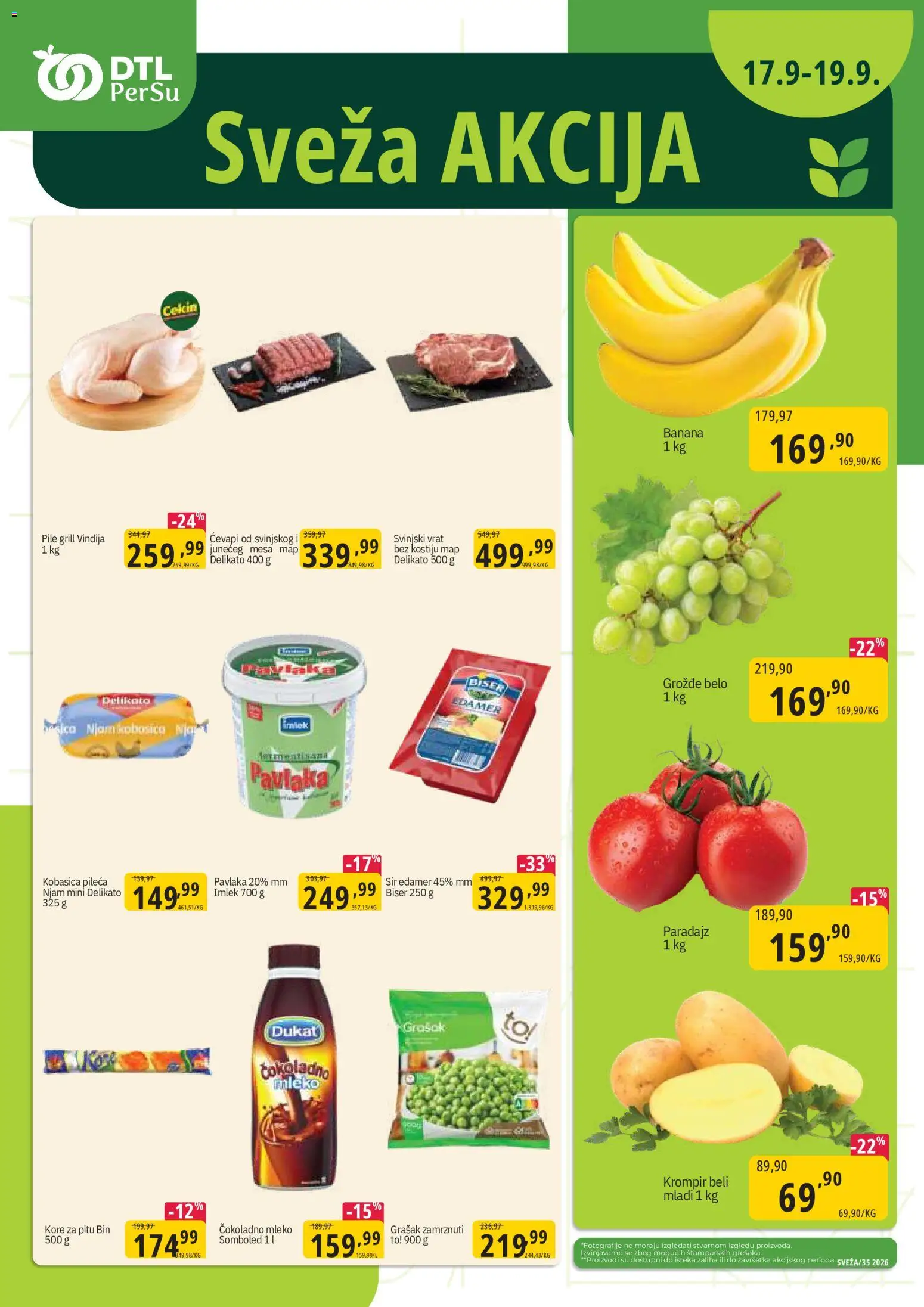 Pregled PerSu kataloga - važi od 17.09.2026 - Banana, Krompir, Pavlaka, Mleko, Svinjski vrat, Kobasica, Edamer, Vrat