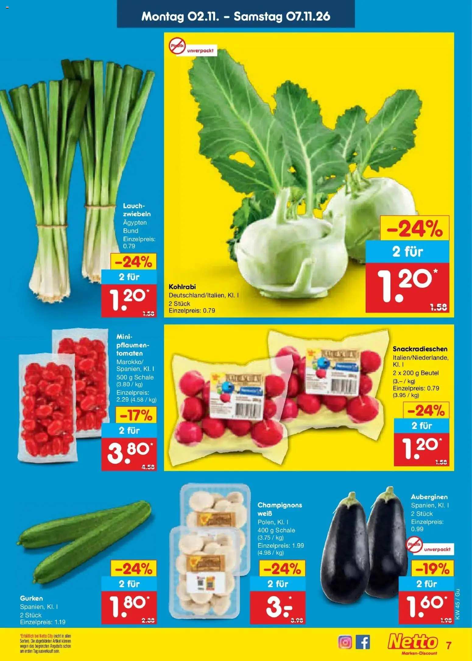 Vorschau von dem Prospekt des Geschäftes Netto Marken-Discount, gültig ab dem 02.11.2026 - Kohlrabi, Lauch, Pflaumen, Champignons, Gurken, Tomaten, Zwiebeln
