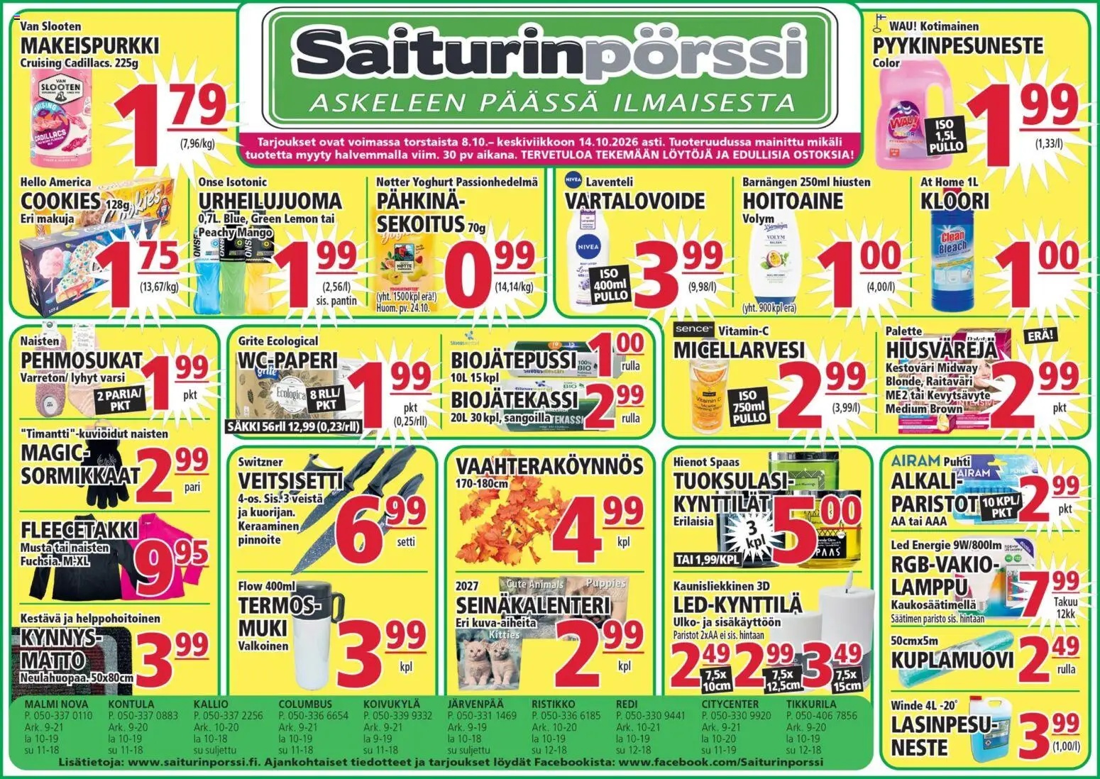 Kaupan Saiturinpörssi Saiturinpörssi tarjoukset esikatselu, voimassa 08/10/2026 - Mango, Matto, Kynttilät, Passionhedelmä, Kuplamuovi, Urheilujuoma, Hoitoaine, Paristot