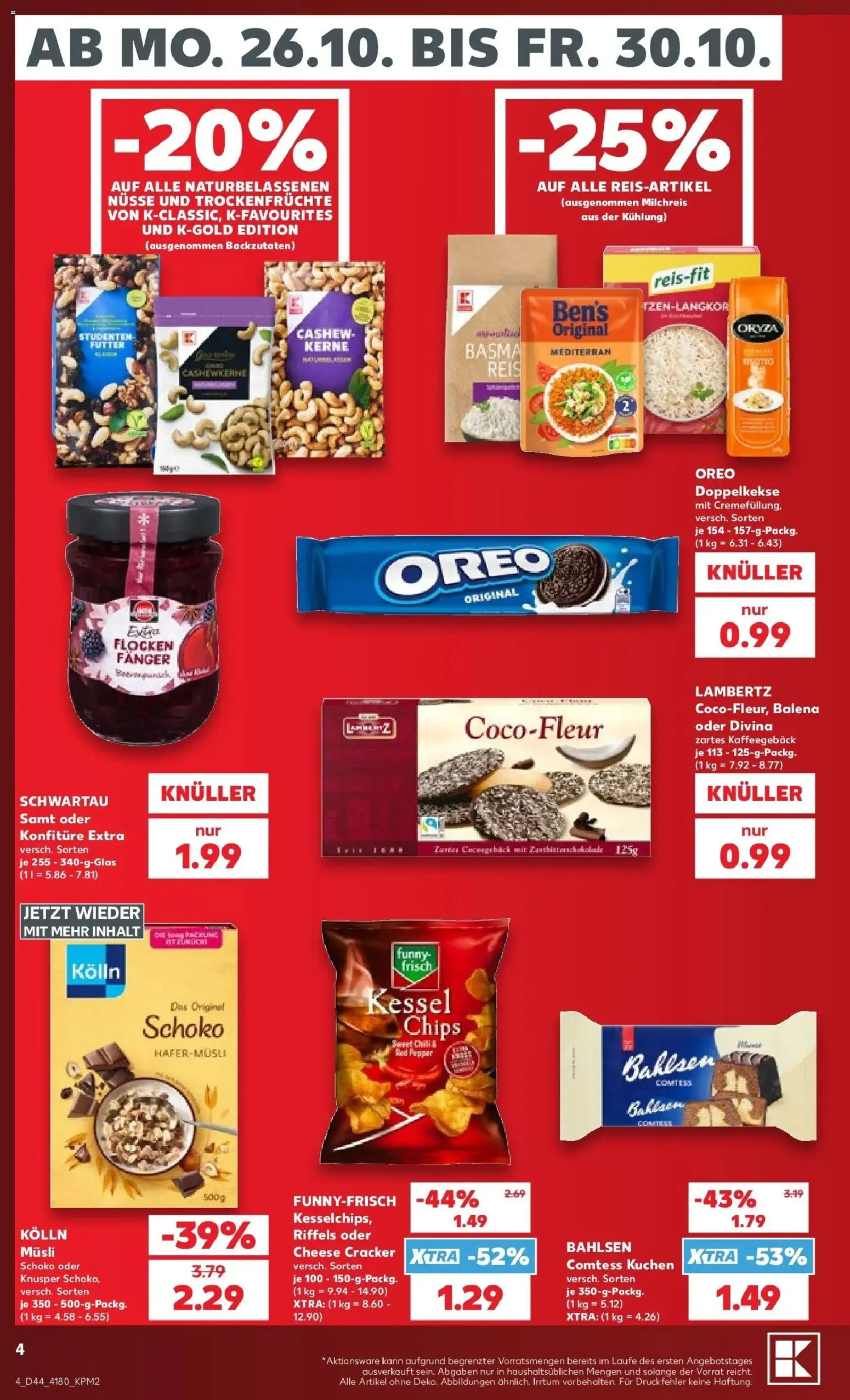 Vorschau von dem Prospekt des Geschäftes Kaufland, gültig ab dem 26.10.2026 - Chips, Kuchen, Reis, Chili, Nüsse, Trockenfrüchte, Flocken, Musli