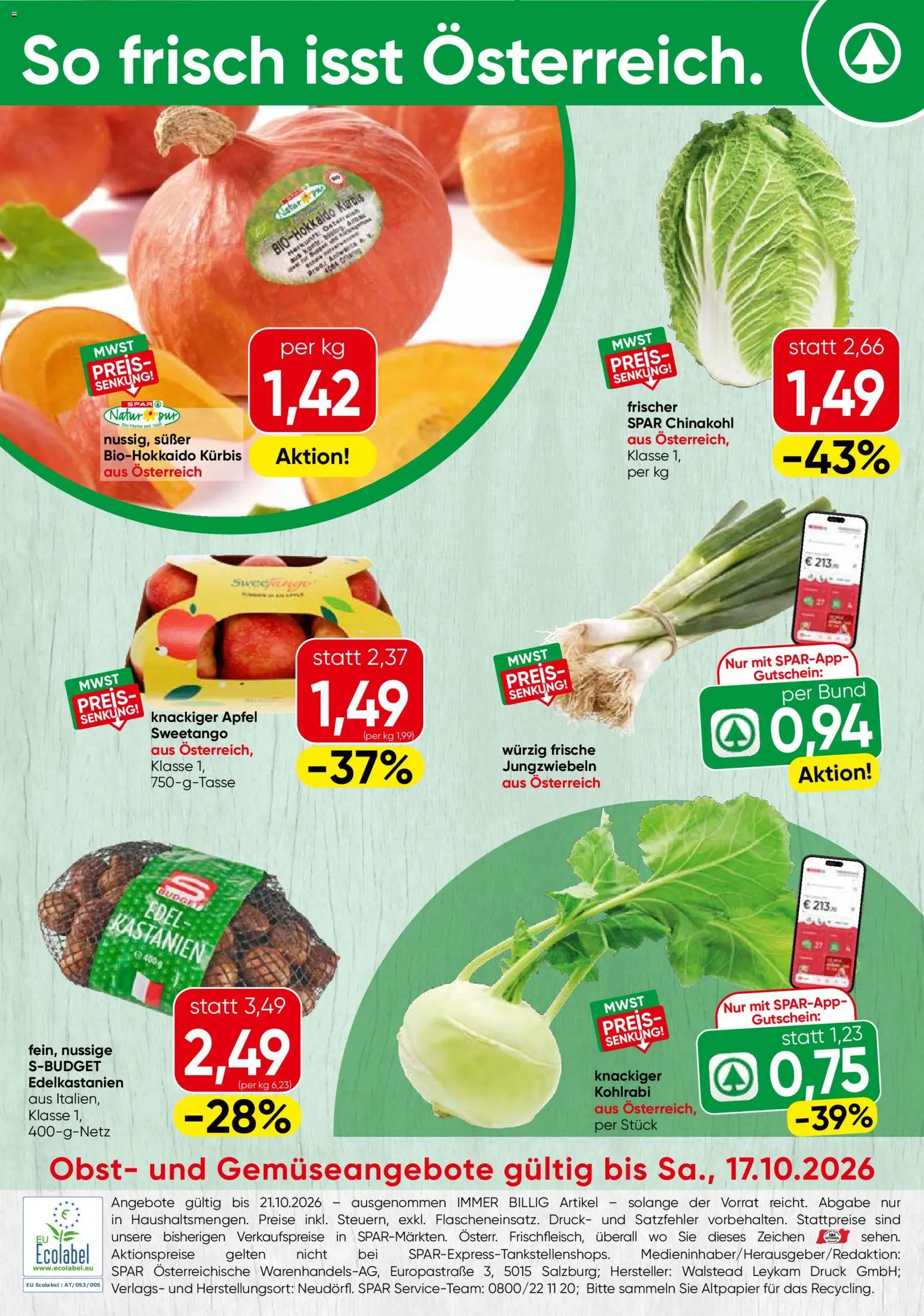 Vorschau der Angebote: Spar Spar So frisch isst Österreich gültig ab 12.10.2026 - Kürbis, Äpfel, Chinakohl, Obst