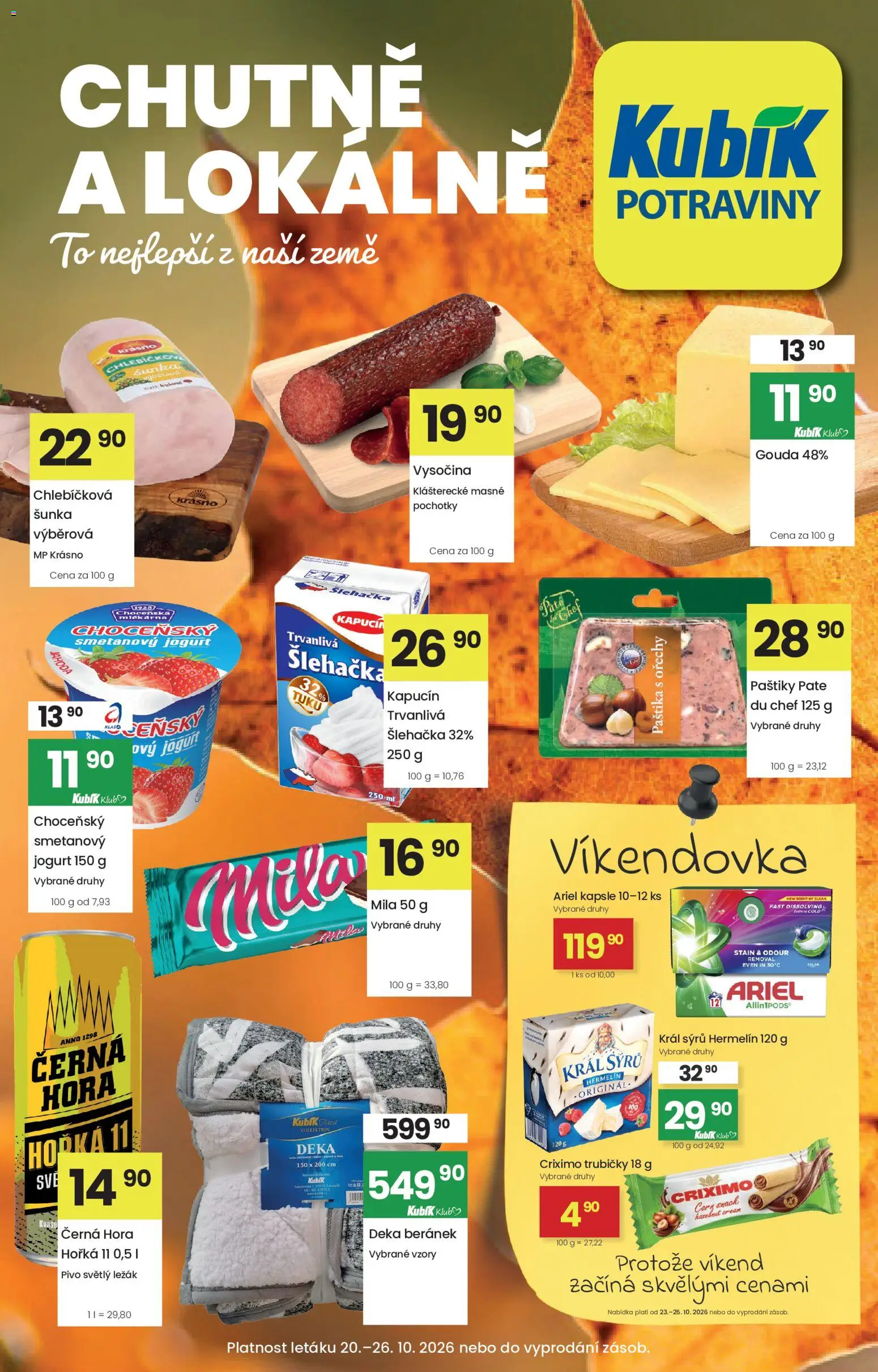 Náhled nabídky: Kubík Kubík leták platný od 20.10.2026 - Pivo, Jogurt, Hermelín, Ariel, Vysočina, Mila, Gouda, Šlehačka