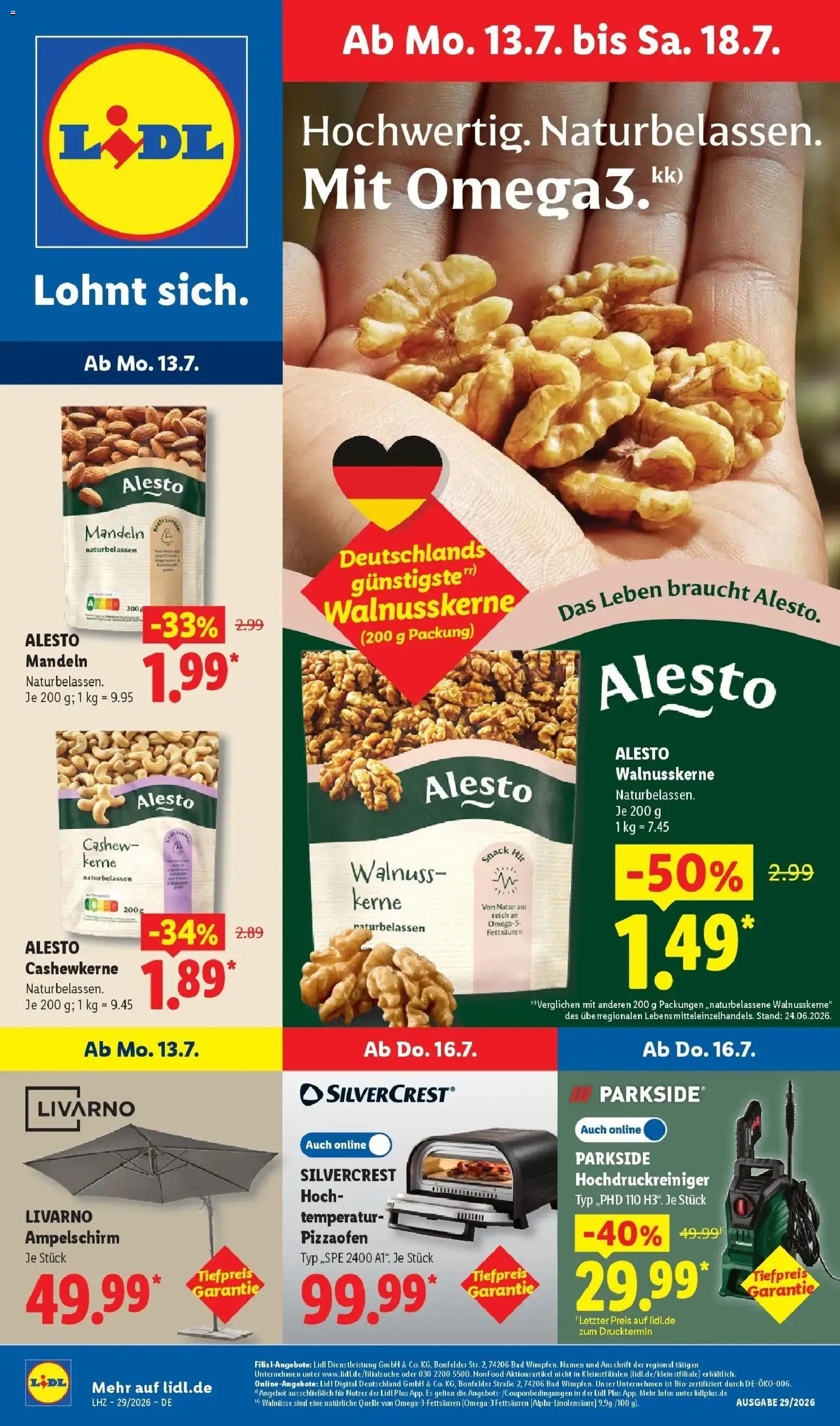 Vorschau von dem Prospekt des Geschäftes Lidl, gültig ab dem 13.07.2026 - Pizza, Bad, Hochdruckreiniger, Walnüsse, Mandeln, Cashew