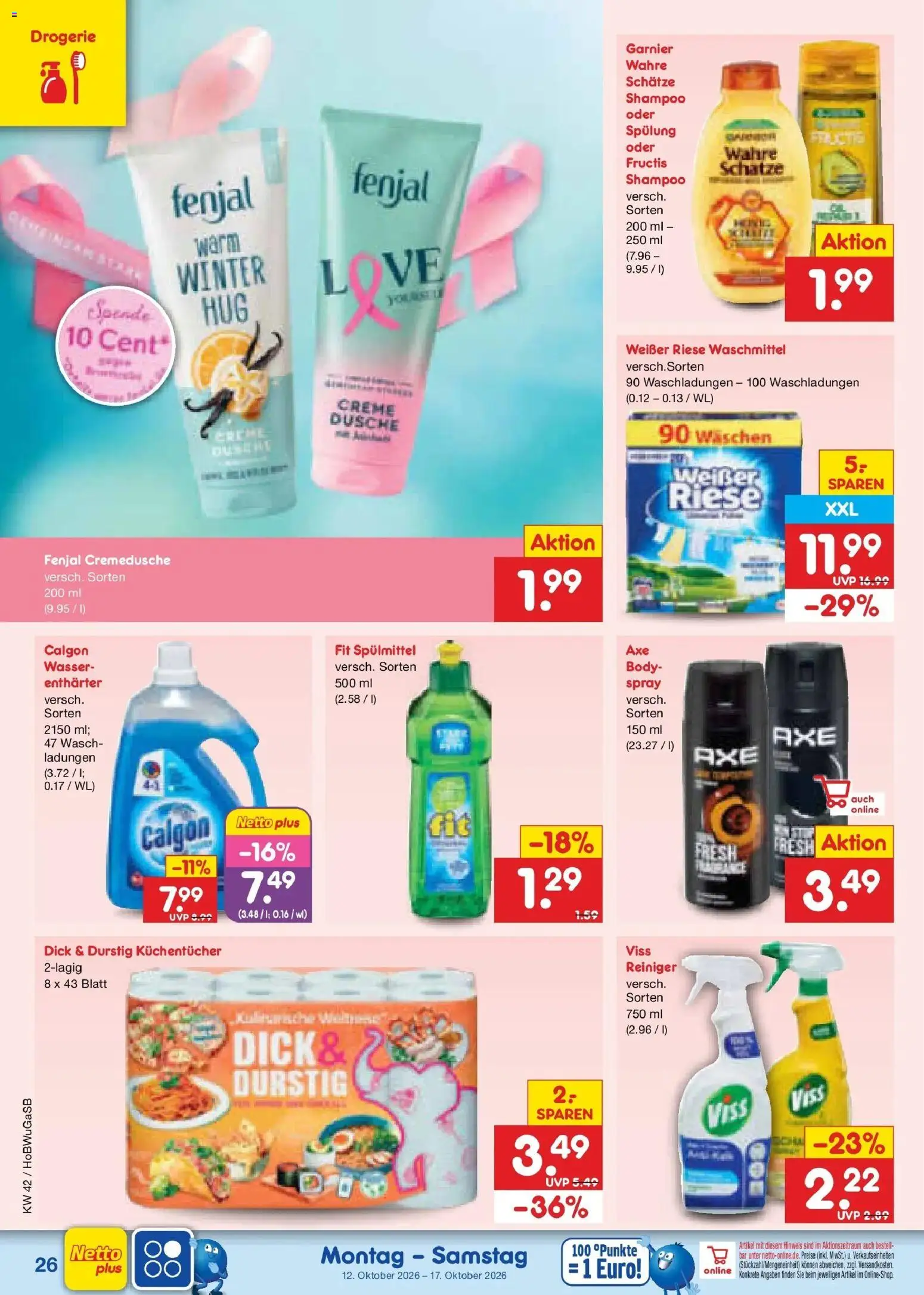 Vorschau von dem Prospekt des Geschäftes Netto Marken-Discount, gültig ab dem 12.10.2026 - Wasser, Dusche, Shampoo, Waschmittel, Creme, Spülung