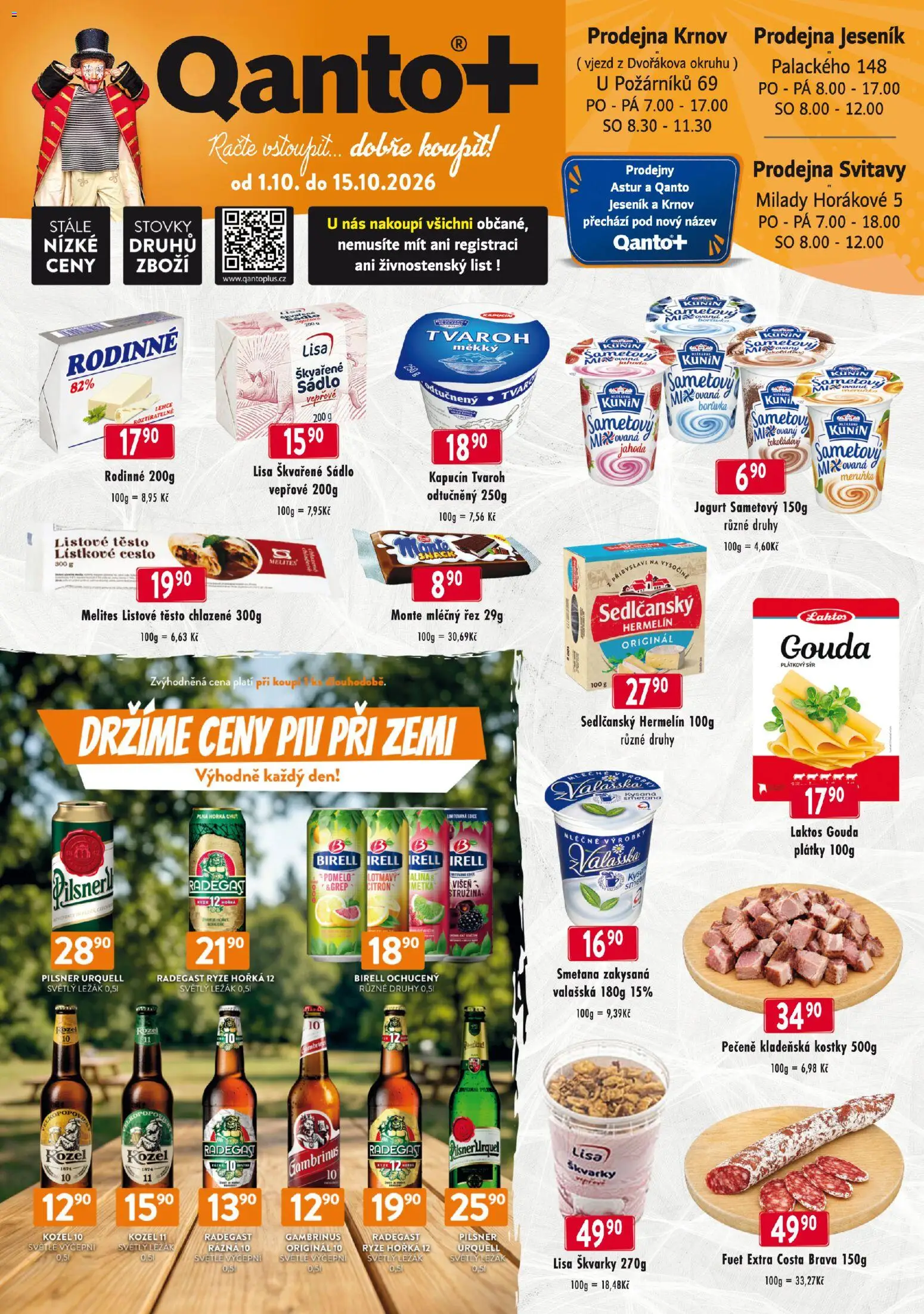 Náhled nabídky: Astur & Qanto Astur & Qanto leták - cash&carry Jeseník, Krnov platný od 01.10.2026 - Pilsner Urquell, Kozel, Jogurt, Hermelín, Kostky, Kozel 10, Plátkový sýr, Cesto