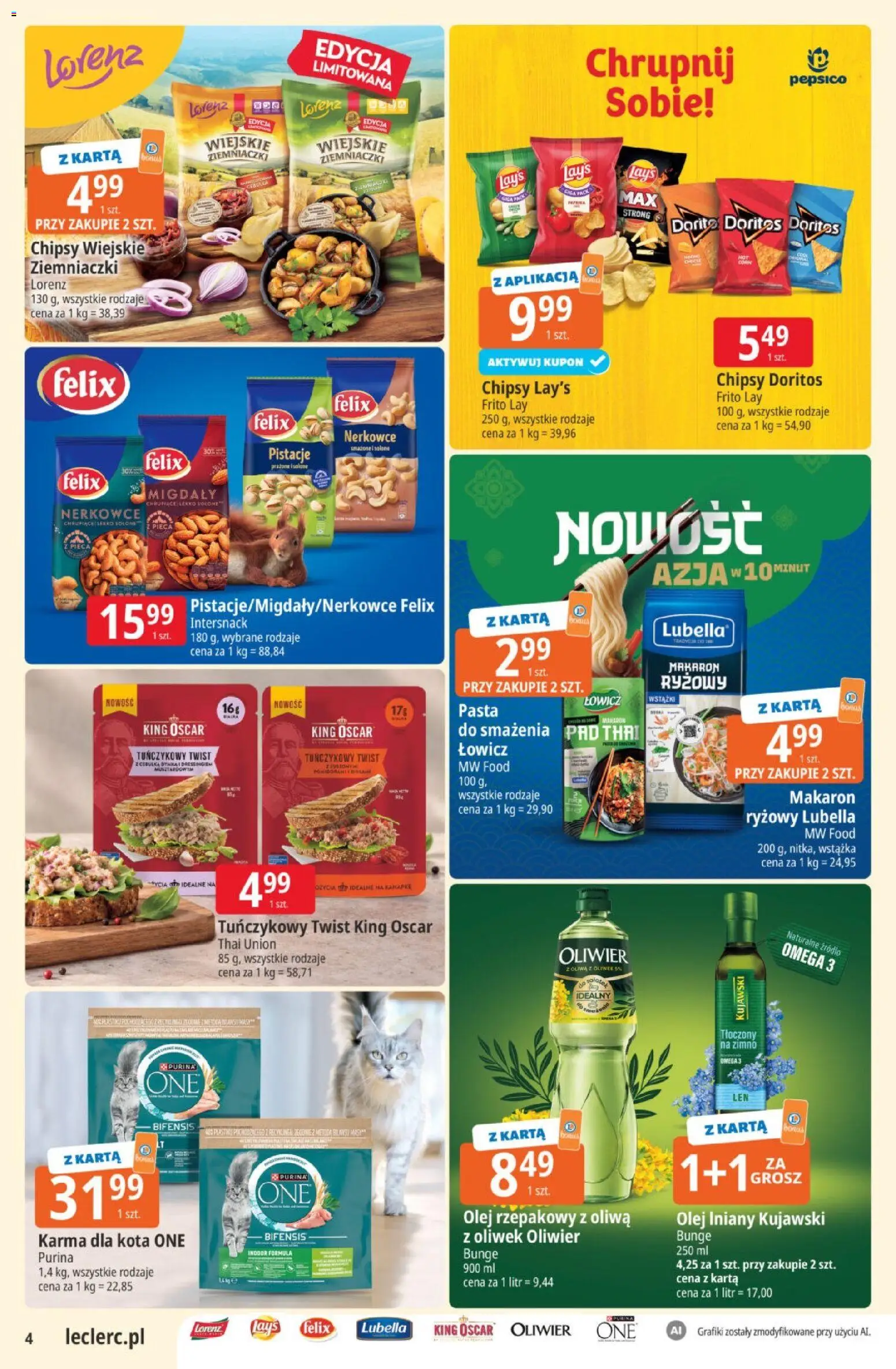 Pogląd gazetki "E.Leclerc gazetka" ze sklepu E.Leclerc ważnej od 22.09.2026 - Omega 3, Pasta, Makaron ryżowy, Lays, Chipsy, Olej, Migdały, Karta