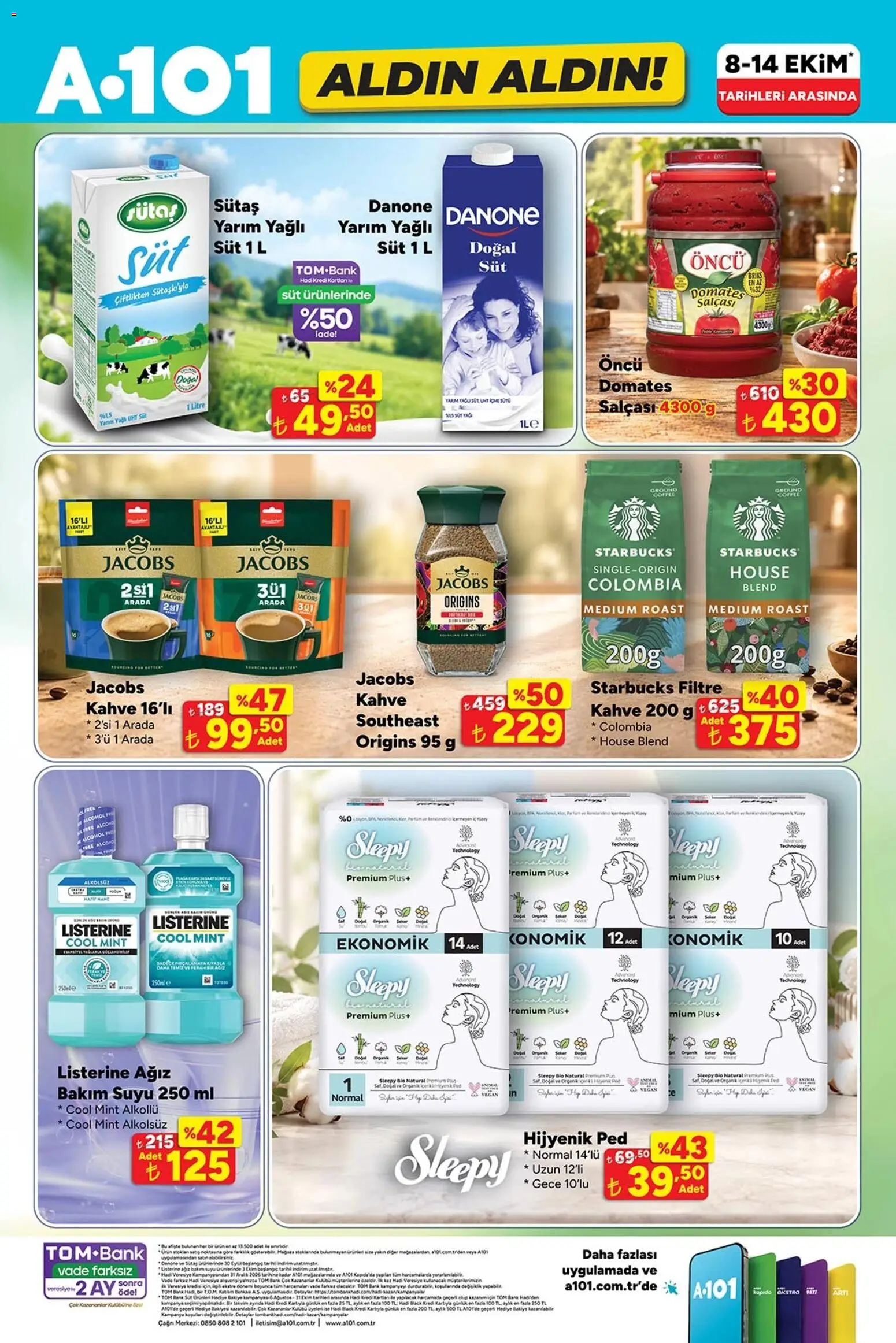 A101 A101 - Katalog Aldın Aldın 08.10.2026 - Broşürünün önizlemesi - Kahve, Süt, Domates, Nane, Ağız bakım suyu, Hijyenik ped