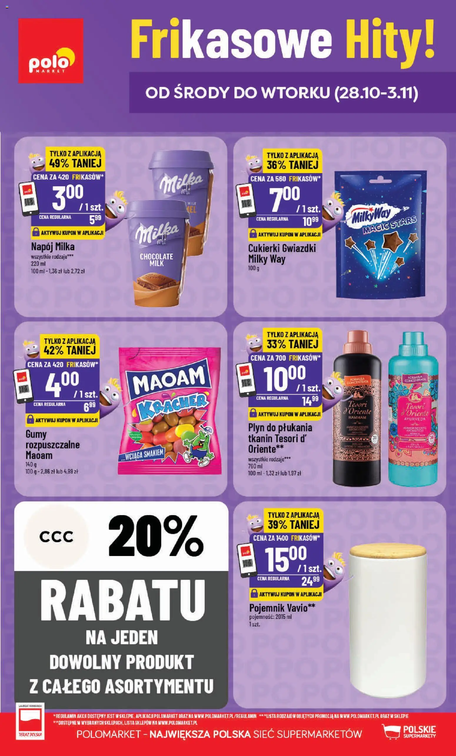 Pogląd gazetki "POLOmarket gazetka - Frikasowe Hity" ze sklepu POLOmarket ważnej od 28.10.2026 - Płyn do płukania, Milka, Cukierki, Gumy, Tesori d'oriente