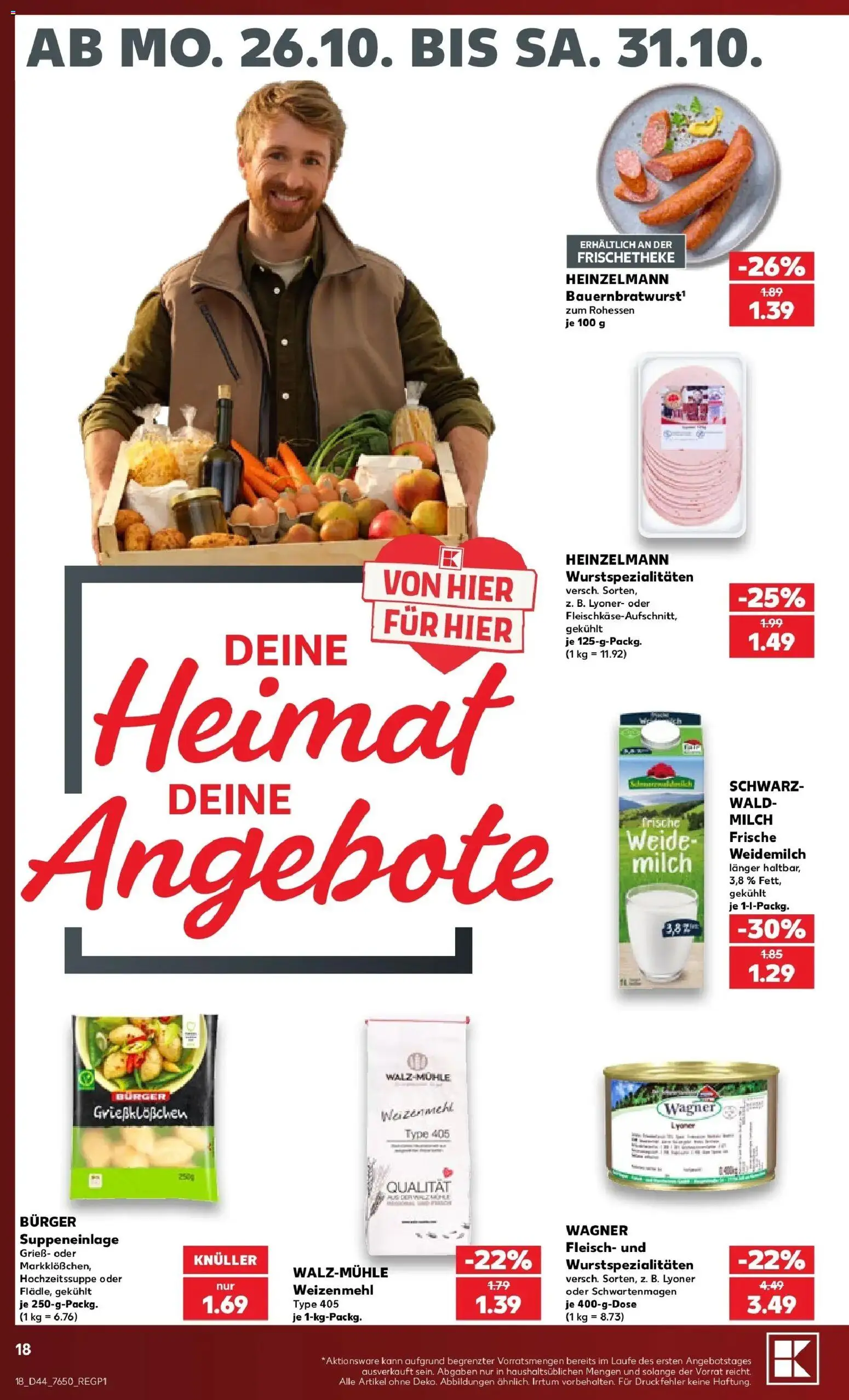 Vorschau von dem Prospekt des Geschäftes Kaufland, gültig ab dem 26.10.2026 - Burger, Milch, Fleisch, Grieß, Weizenmehl