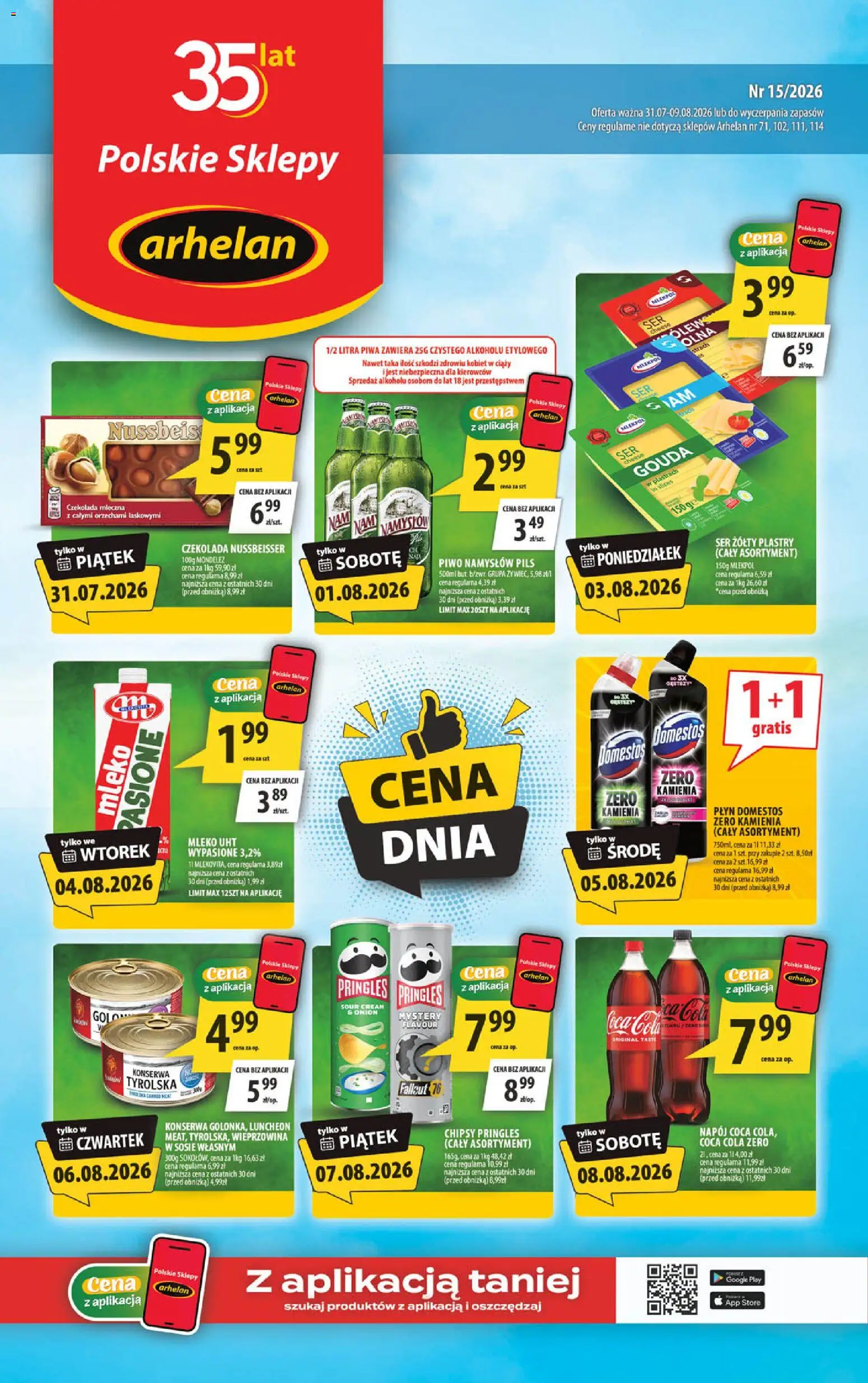 Pogląd gazetki "Arhelan gazetka" ze sklepu Arhelan ważnej od 31.07.2026 - Piwo, Coca cola, Chipsy, Ser, Domestos, Ser żółty, Coca Cola zero, Chipsy pringles