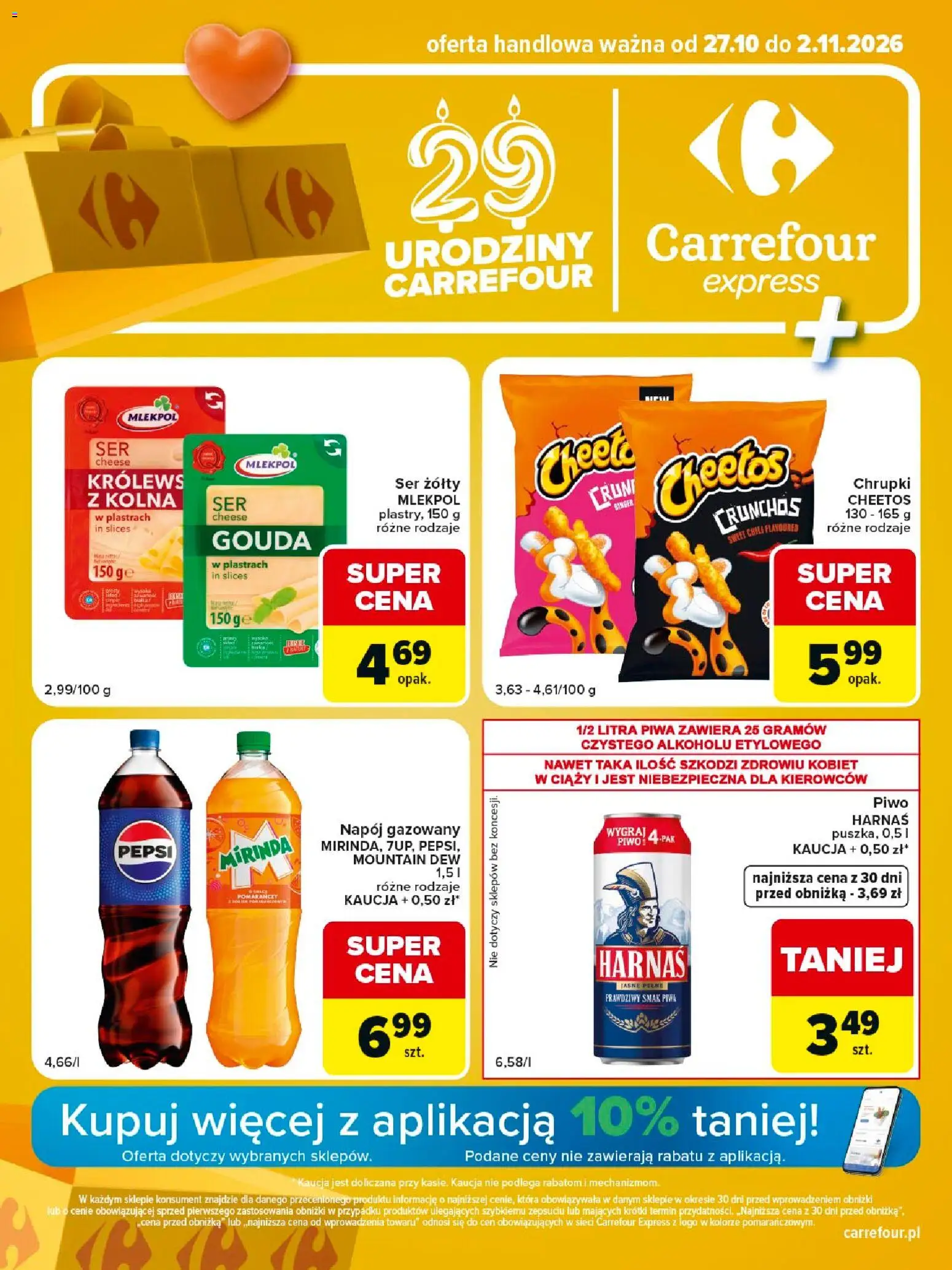 Pogląd gazetki "Carrefour gazetka - Express II" ze sklepu Carrefour ważnej od 27.10.2026 - Piwo, Ser, Pepsi, Chili, Harnaś, Chrupki, Ser żółty, Pepsi mirinda