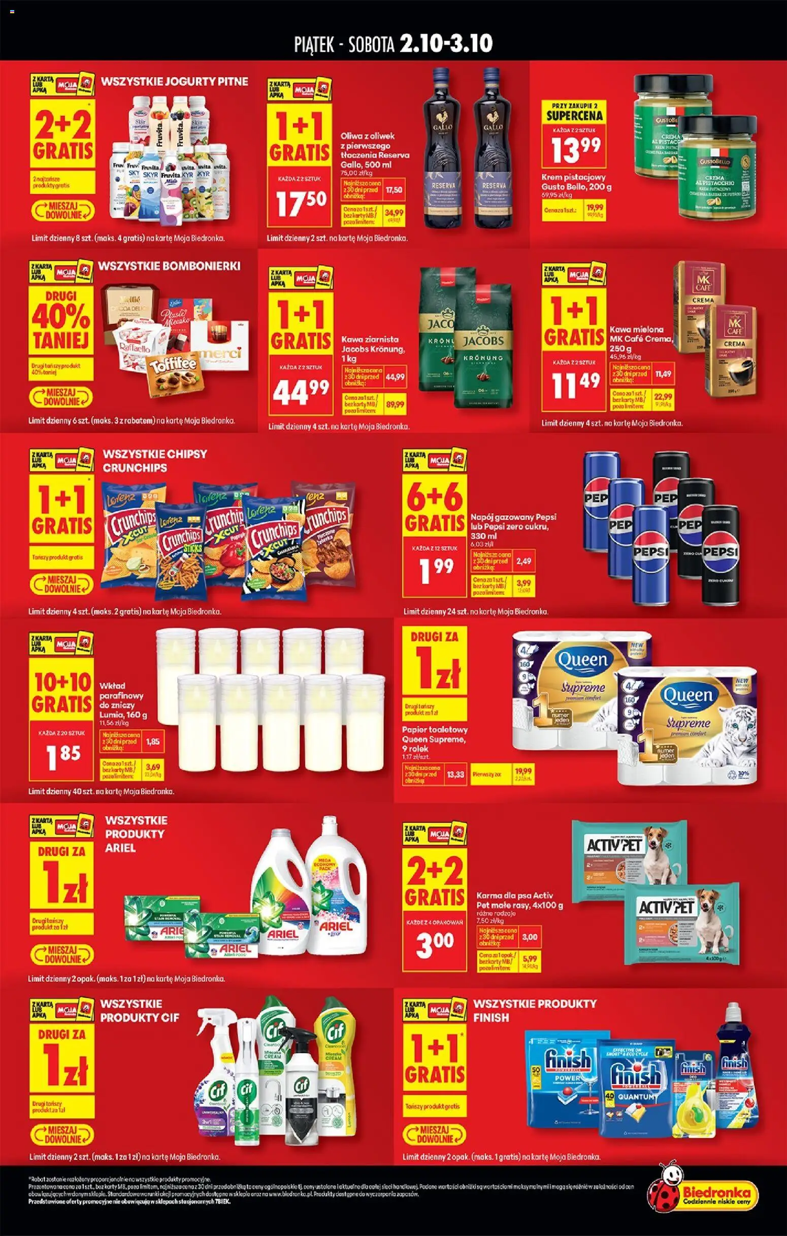 Pogląd gazetki "Biedronka gazetka - Tani weekend" ze sklepu Biedronka ważnej od 02.10.2026 - Karma dla psa, Kawa ziarnista, Skyr, Oliwa z oliwek, Merci, Raffaello, Papier toaletowy queen, Karma dla psa activ pet