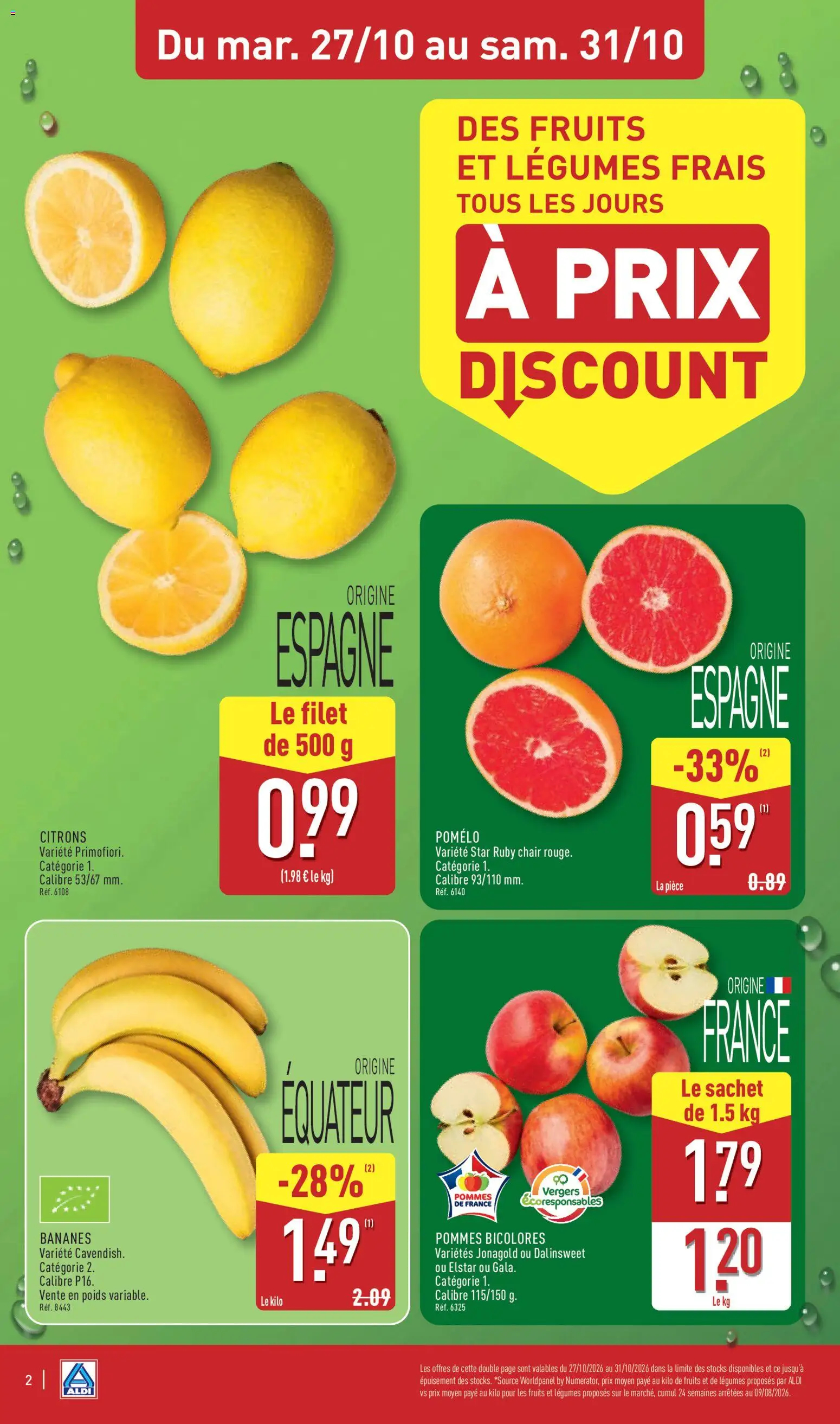 Prévisualisation de Aldi catalogue du magasin Aldi formulaire valide 27/10/2026 - Fruits, Bananes, Pomelo, Citrons, Poids, Pommes, Les fruits et légumes
