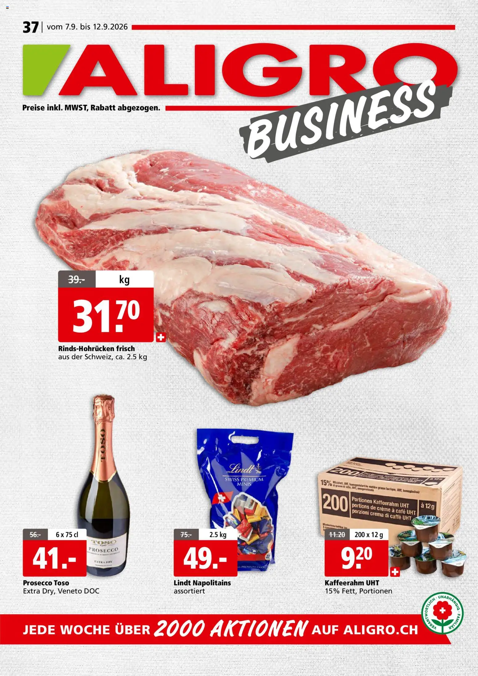 Vorschau des Merkblatts Aligro aktionen Business Schlieren, Gossau SG, Frauenfeld, Rapperswil-Jona, Sargans, Bern vom Shop Aligro gültig von 07.09.2026 bis 12.09.2026 - Prosecco, Creme