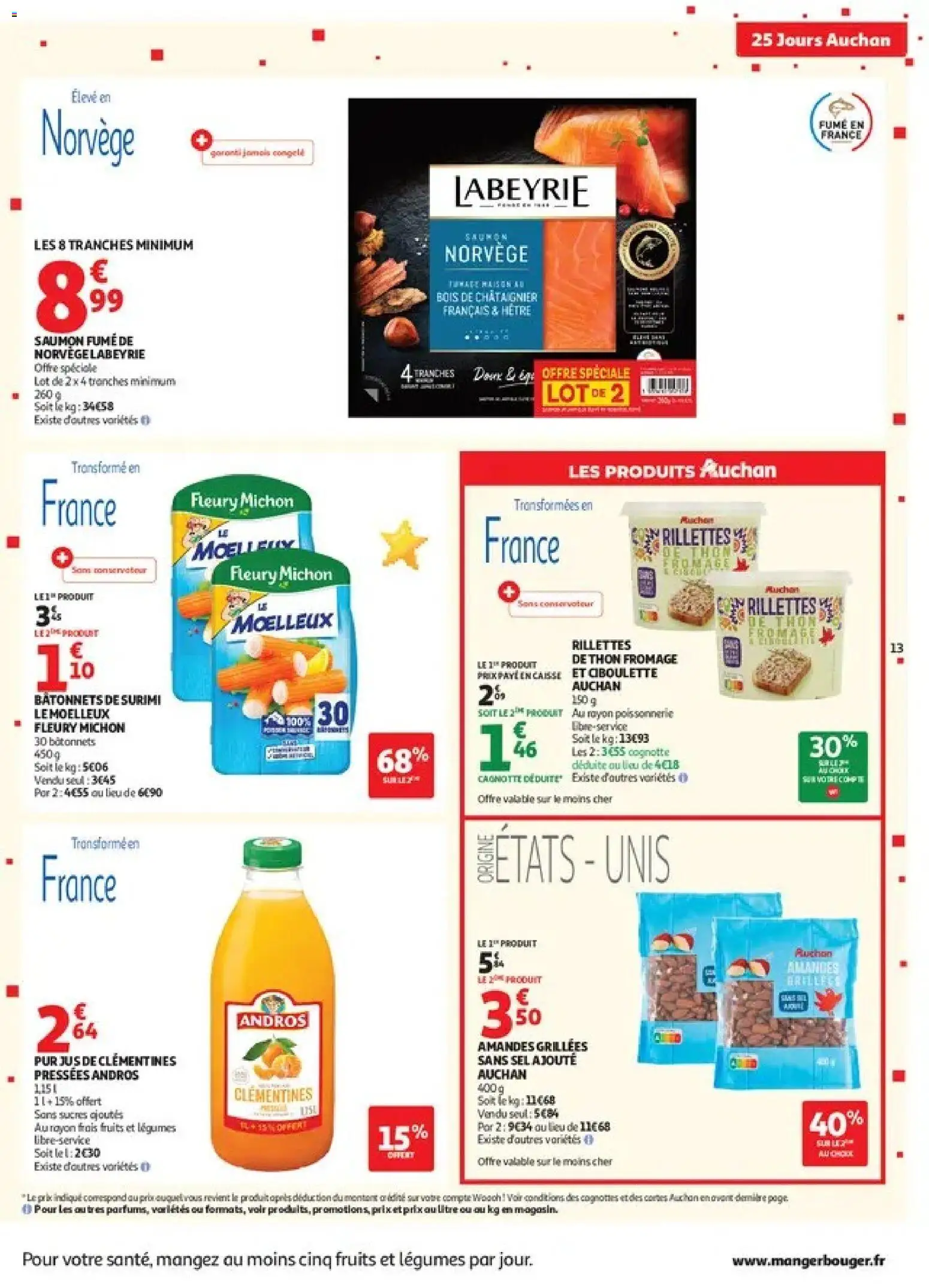 Prévisualisation de Auchan 25 jours 1 supers du magasin Auchan formulaire valide 27/10/2026 - Fromage, Saumon, Thon, Clementines, Sel, Surimi, Amandes grillées, Bâtonnets de surimi