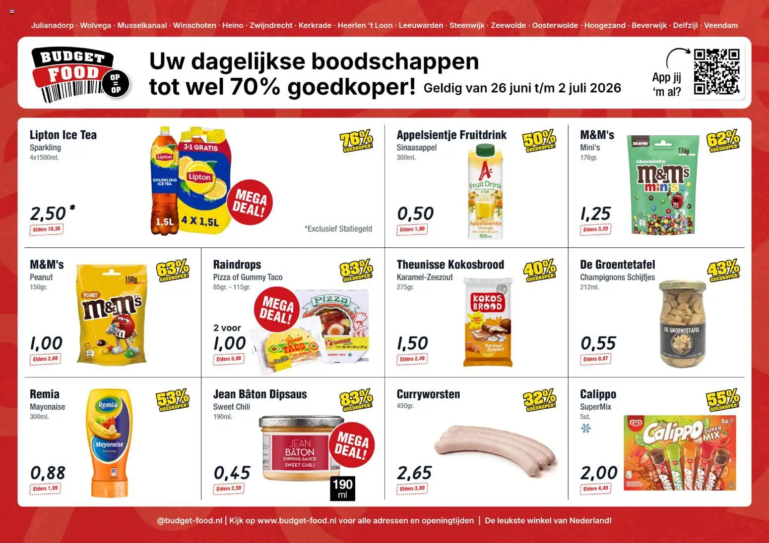 Voorbeeld van Budget Food folder van winkel Budget Food geldig vanaf 26-06-2026 - Pizza, Taco, Brood, Fruit, Zeezout, Ice Tea, Mayonaise, Champignons