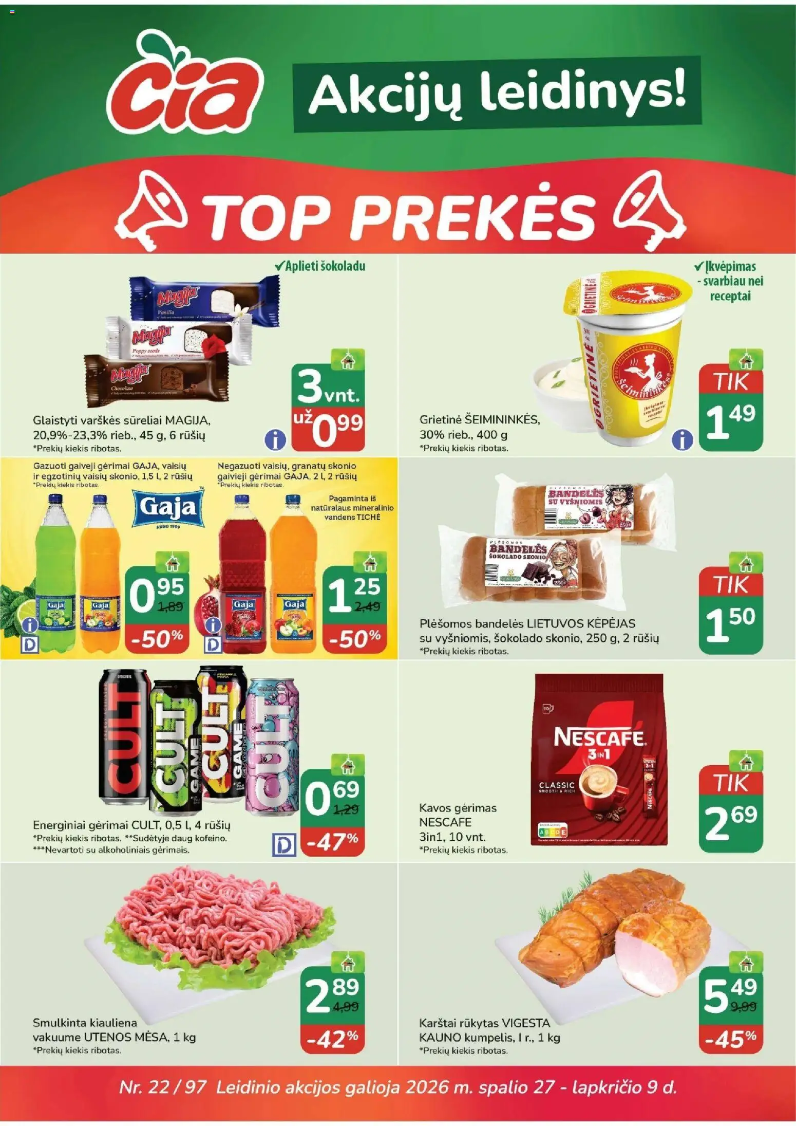 ČIA MARKET parduotuvės leidinio ČIA MARKET leidinys galiojančio nuo 2026.10.27 peržiūra - Kiauliena, Grietinė, Bandelės