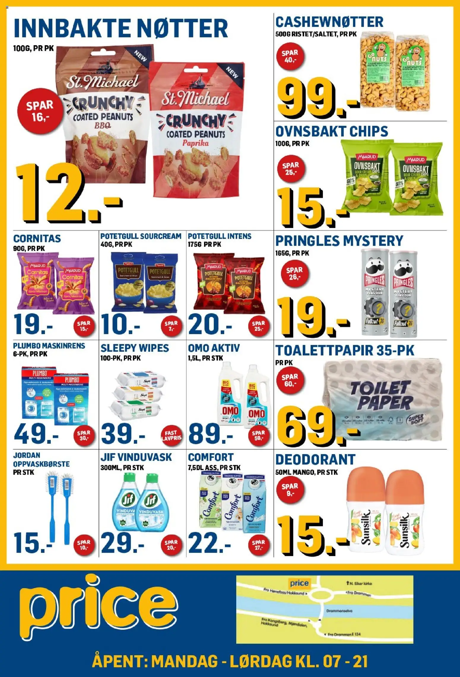 Forhåndsvis Price Lagerbutikk kundeavis fra butikk Price Lagerbutikk gyldig fra 07/10/2026 - Bacon, Wipes, Chips, Nøtter, Paprika, Potetgull, Plumbo, Pringles
