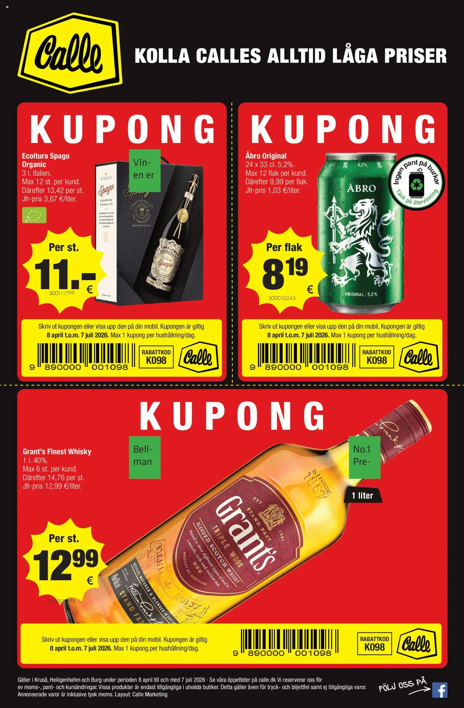 Eksempel på tilbudsavis Calle - Svenske kupontilbud fra butik Calle gyldig fra 08/04/2026 - Vin, Whisky