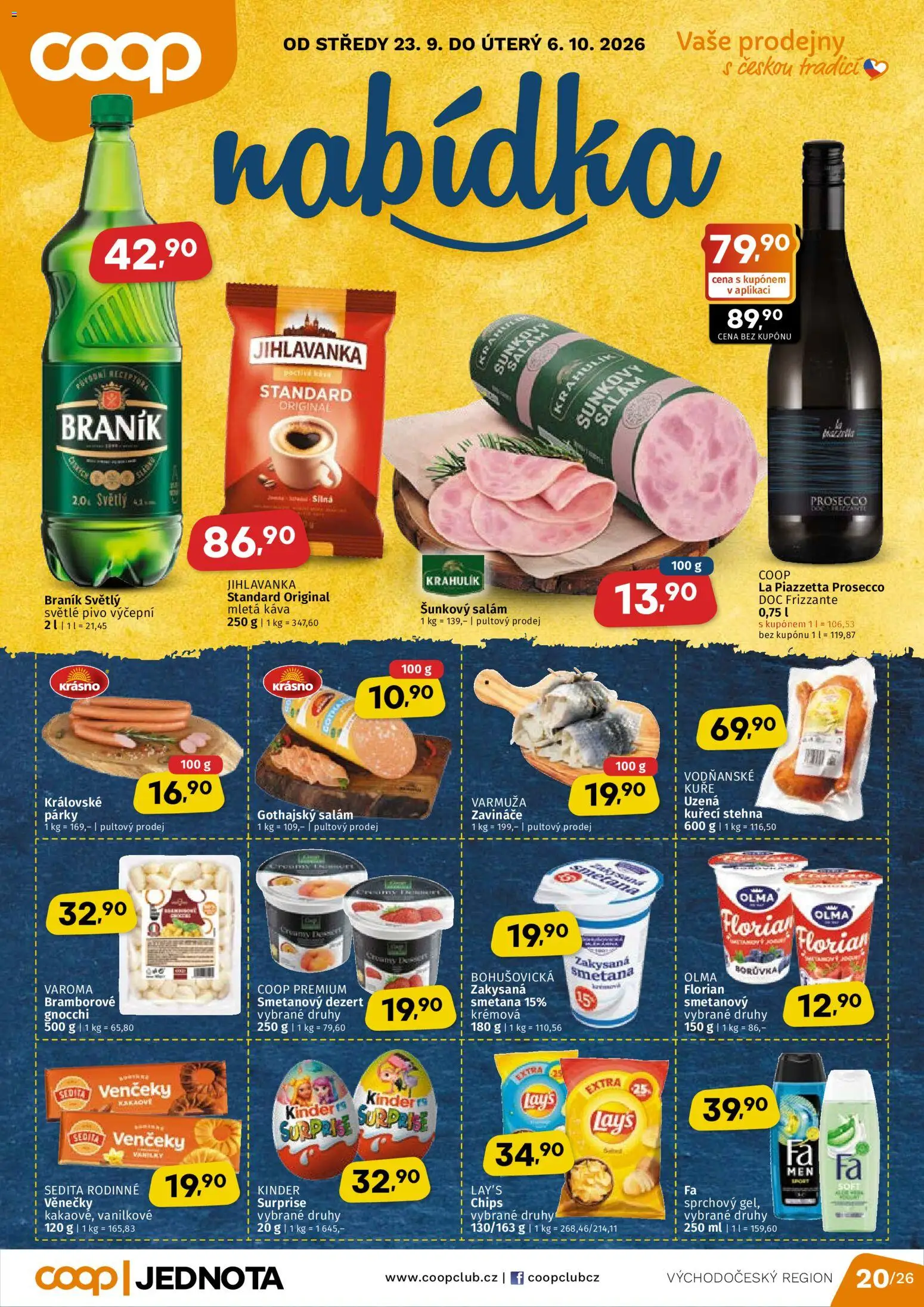 Náhled nabídky: Coop Coop leták - Východočeský region platný od 23.09.2026 - Káva, Prosecco, Gnocchi, Braník, Salám, Věnečky, Kuřecí stehna, Šunkový salám