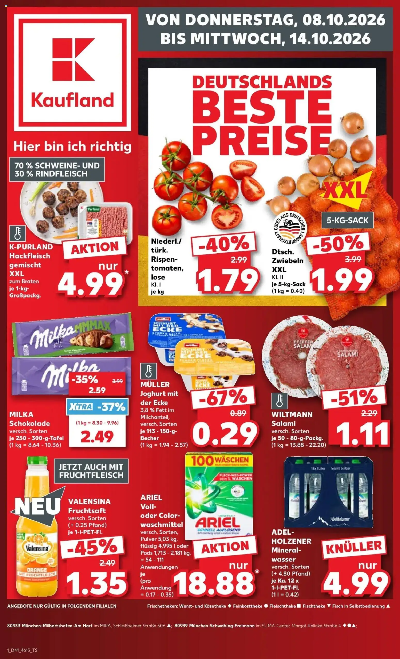 Vorschau von dem Prospekt des Geschäftes Kaufland, gültig ab dem 08.10.2026 - Wasser, Schokolade, Fisch, Ariel, Salami, Zwiebeln, Valensina, Fruchtsaft