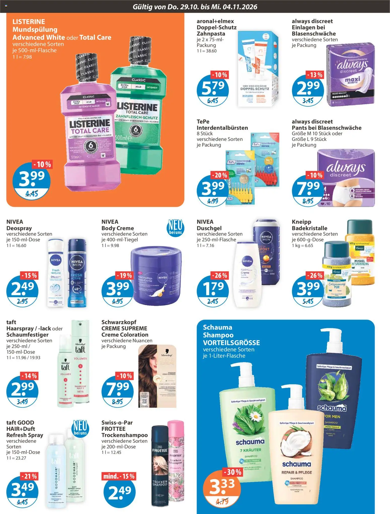 Vorschau von dem Prospekt des Geschäftes V-Markt, gültig ab dem 29.10.2026 - Shampoo, Zahnpasta, Creme, Duschgel, Listerine, Haarspray, Bürste, Deospray