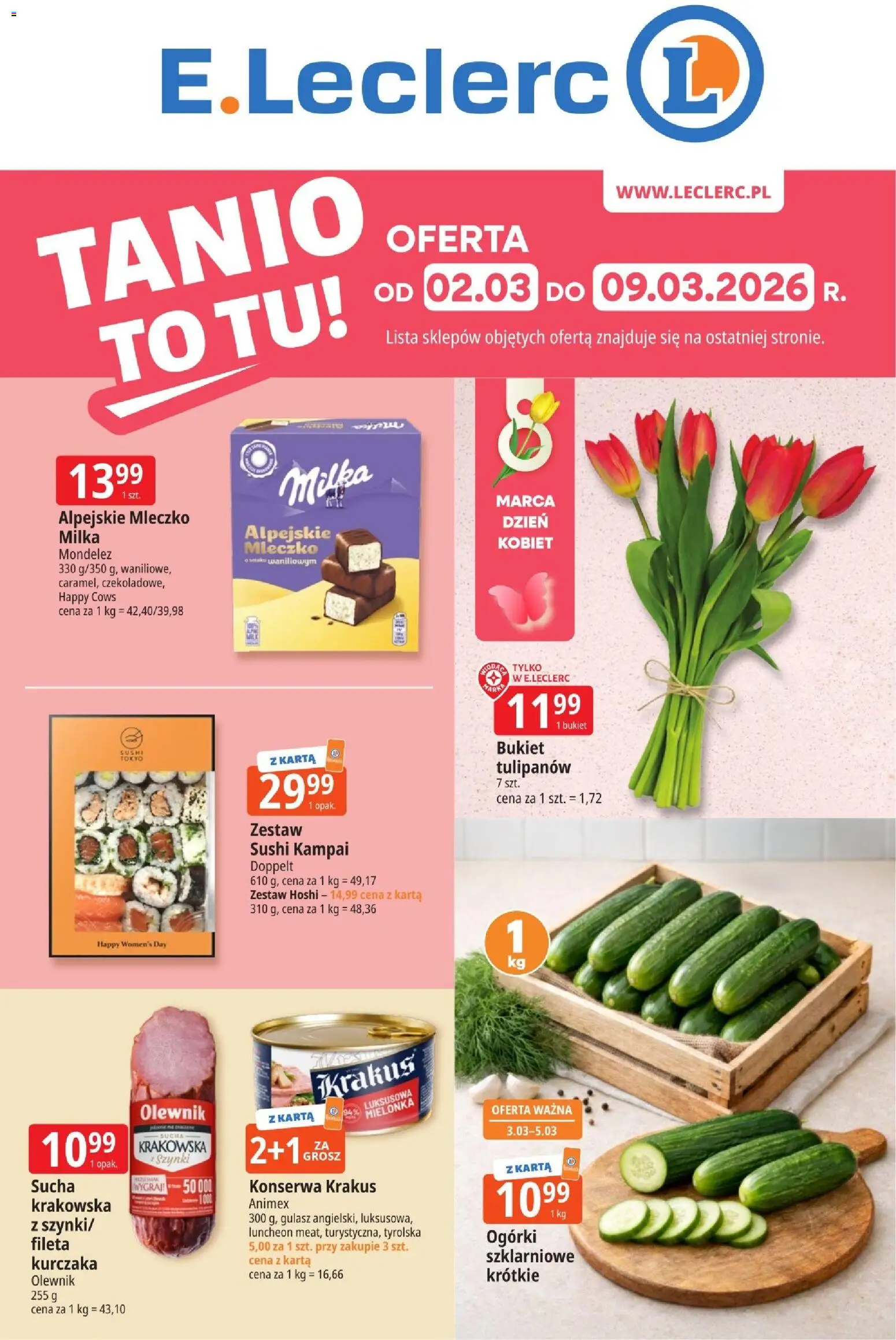 Pogląd gazetki "E.Leclerc gazetka - Elbląg" ze sklepu E.Leclerc ważnej od 02.03.2026 - Sushi, Gulasz, Ogórki, Milka, Karta, Zestaw sushi