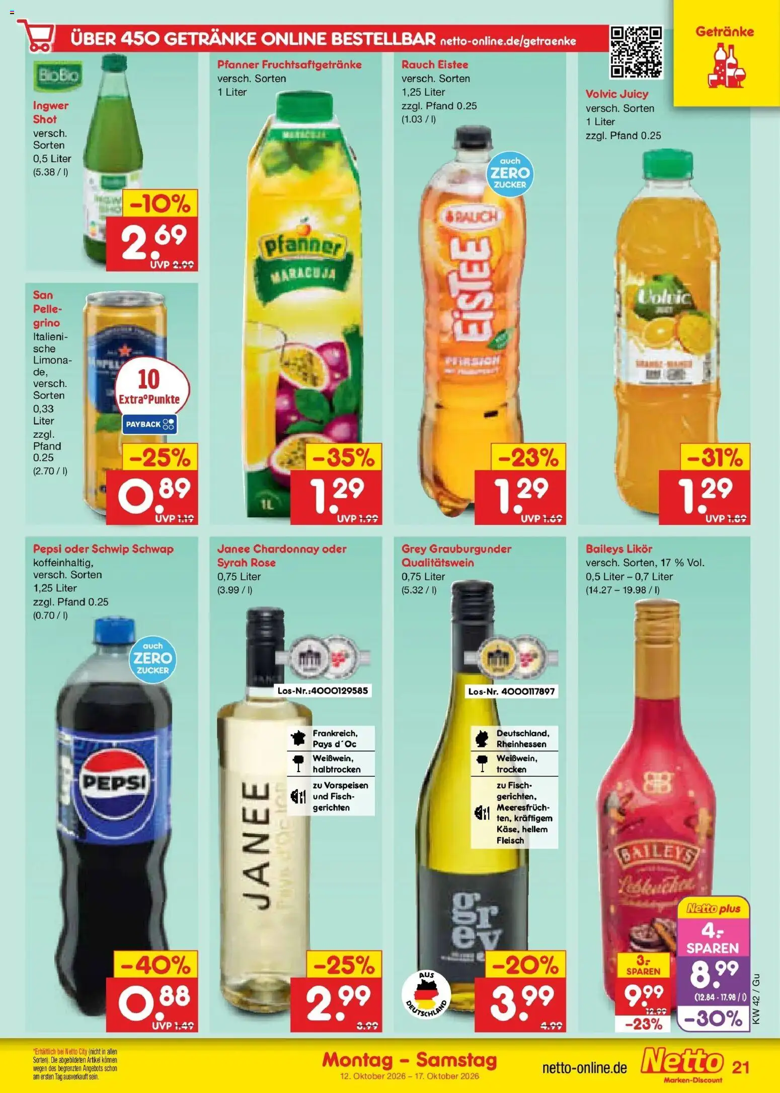 Vorschau von dem Prospekt des Geschäftes Netto Marken-Discount, gültig ab dem 12.10.2026 - Fisch, Baileys, Fleisch, Zucker, Pepsi, Volvic, Likör, Schwip schwap