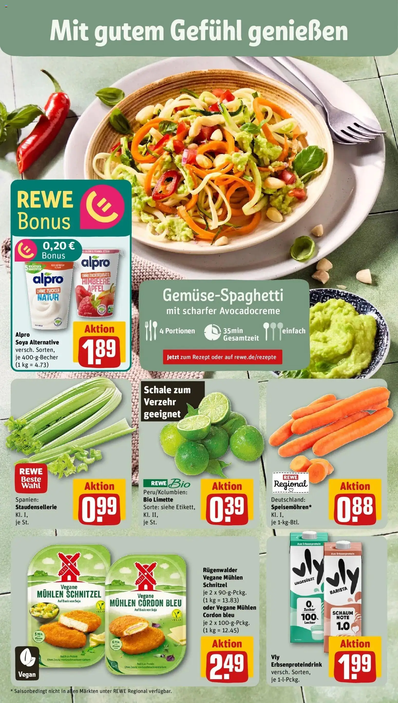 Vorschau von dem Prospekt des Geschäftes Rewe, gültig ab dem 05.04.2026 - Schnitzel, Äpfel, Himbeere, Zucker, Limette, Alpro
