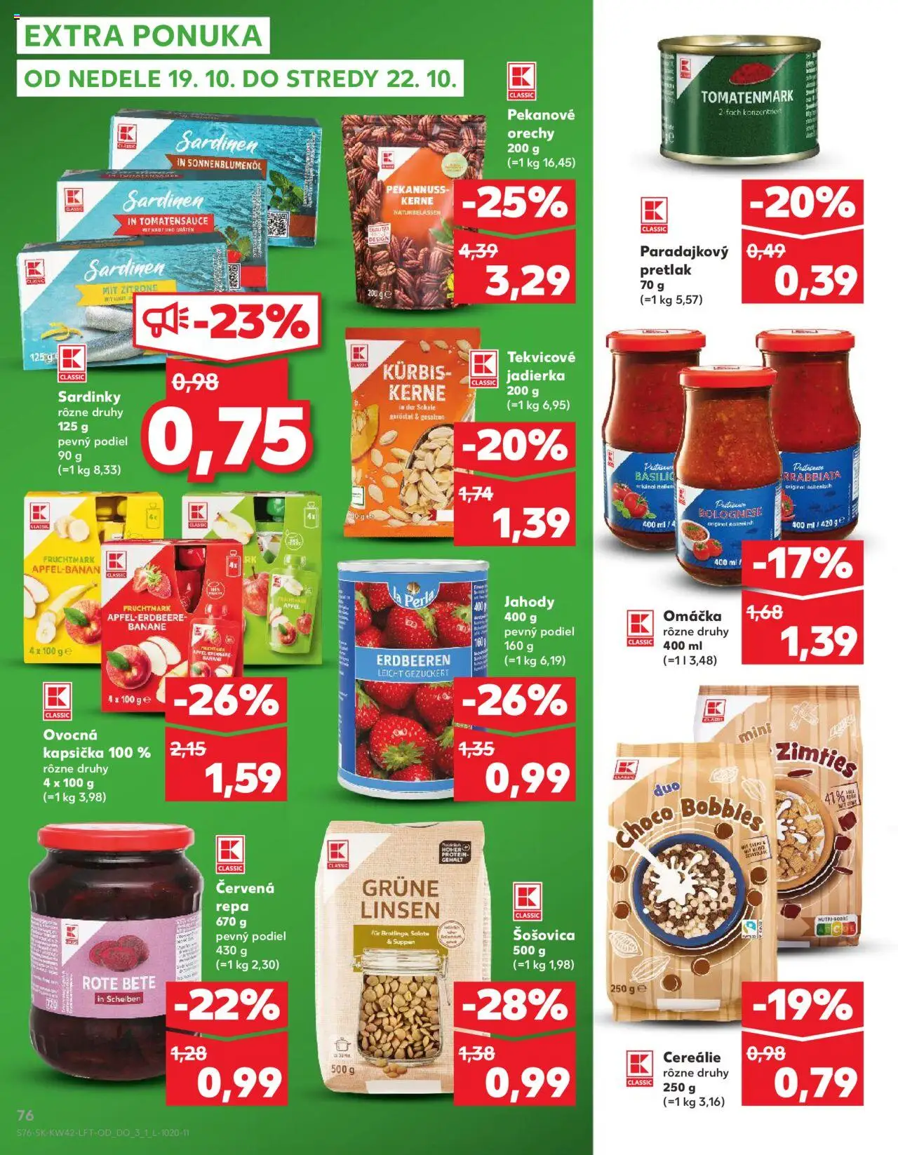 Náhľad Kaufland letáku platného od 16.10.2025 - Protein, Orechy, Jahody, Omáčka, Šošovica, Červená repa, Sardinky, Cereálie