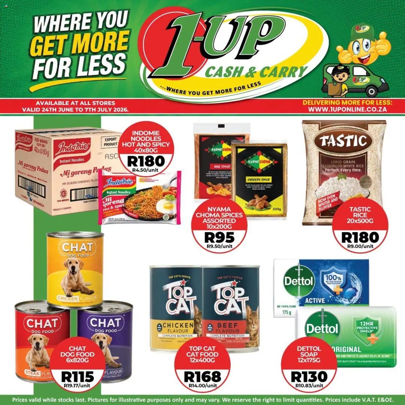 Preview of 1UP Cash & Carry flyer valid from 24/06/2026 - Chicken, Noodles, Steak, Rice, Soap, Bath, Spices, Cat food