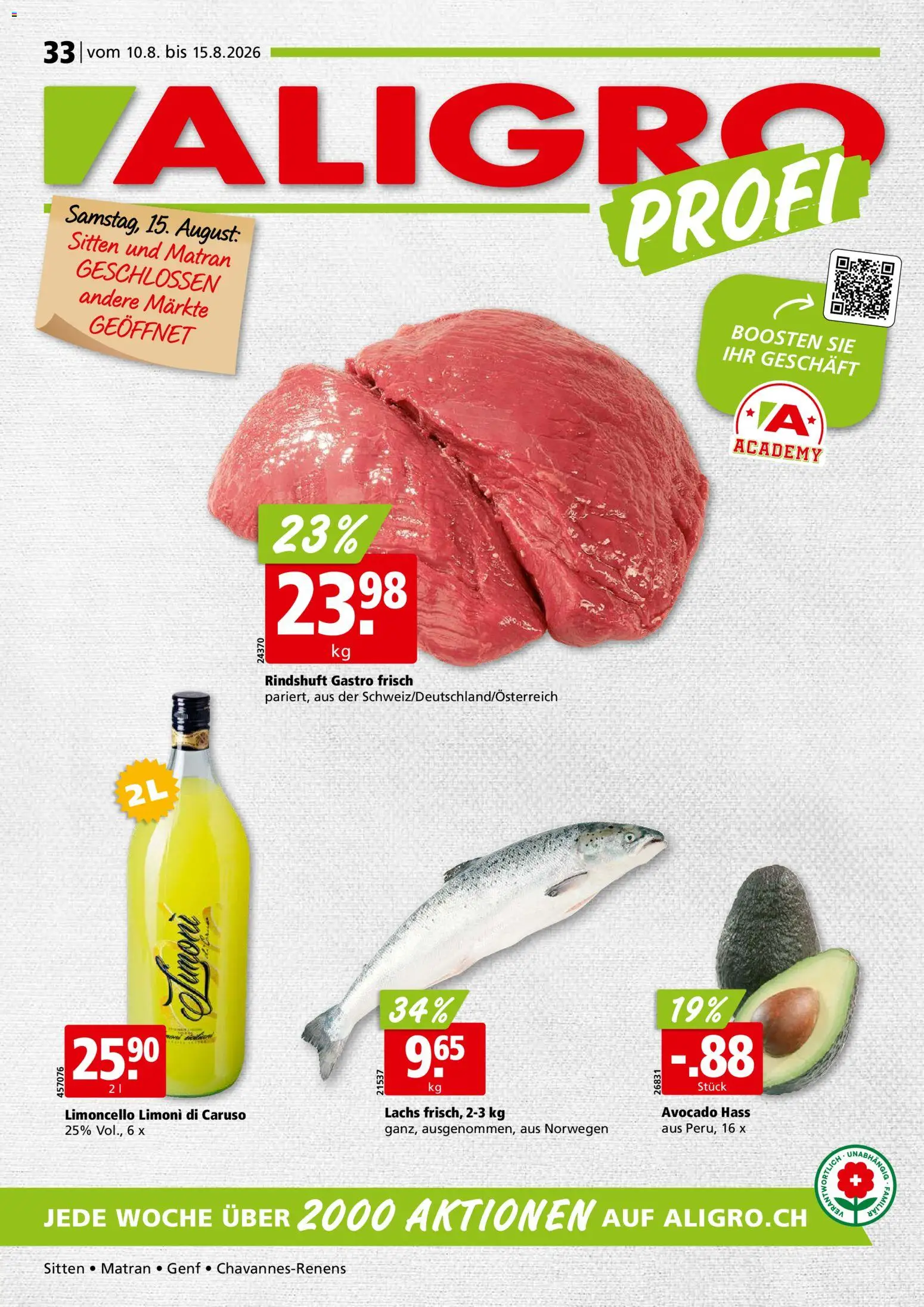 Vorschau des Merkblatts Aligro aktionen Chavannes, Matran, Genf, Sitten vom Shop Aligro gültig von 10.08.2026 bis 15.08.2026 - Avocado, Lachs