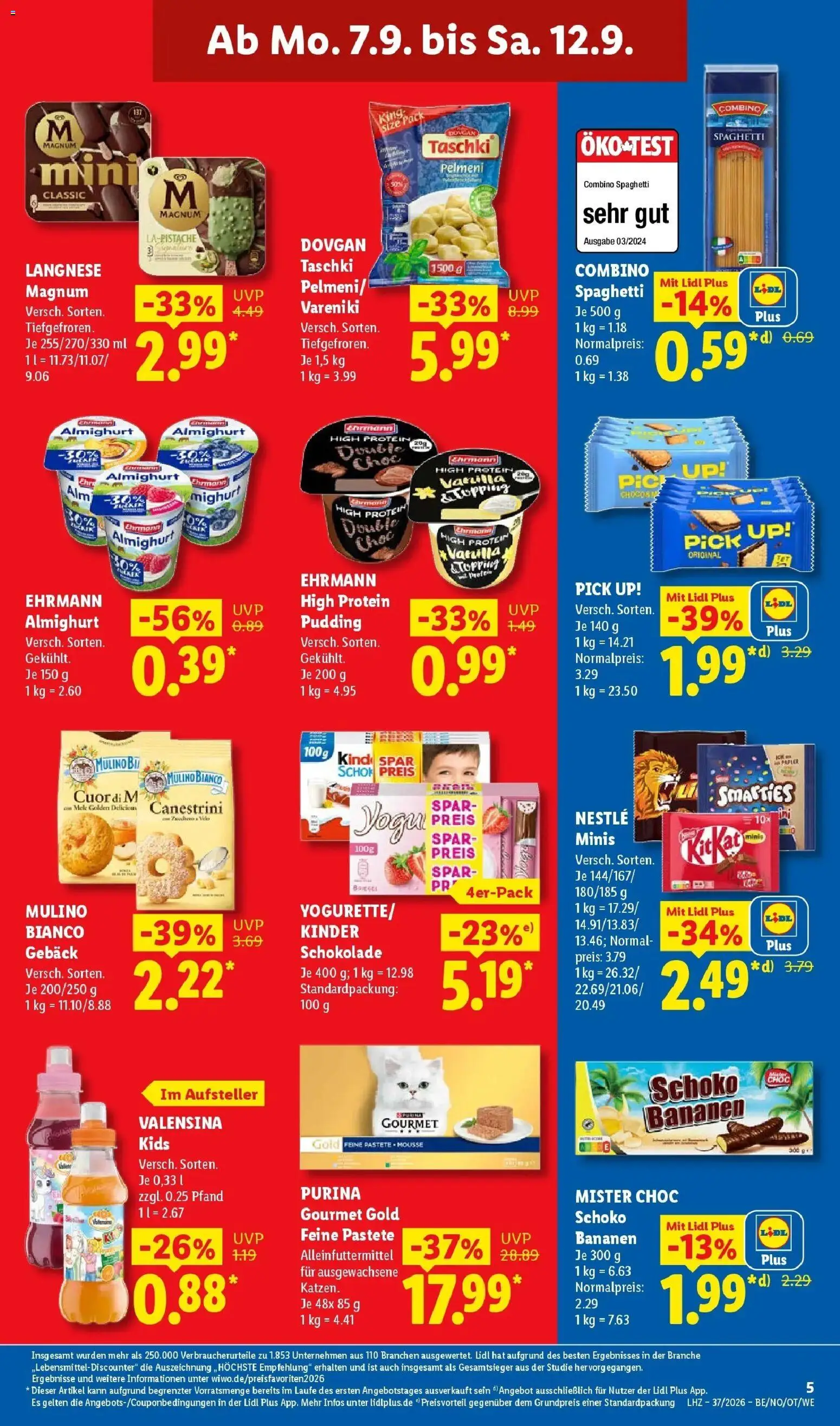Vorschau von dem Prospekt des Geschäftes Lidl, gültig ab dem 07.09.2026 - Schokolade, Bananen, Pudding, Langnese, High protein pudding, Valensina, Purina gourmet gold, Kinder schokolade