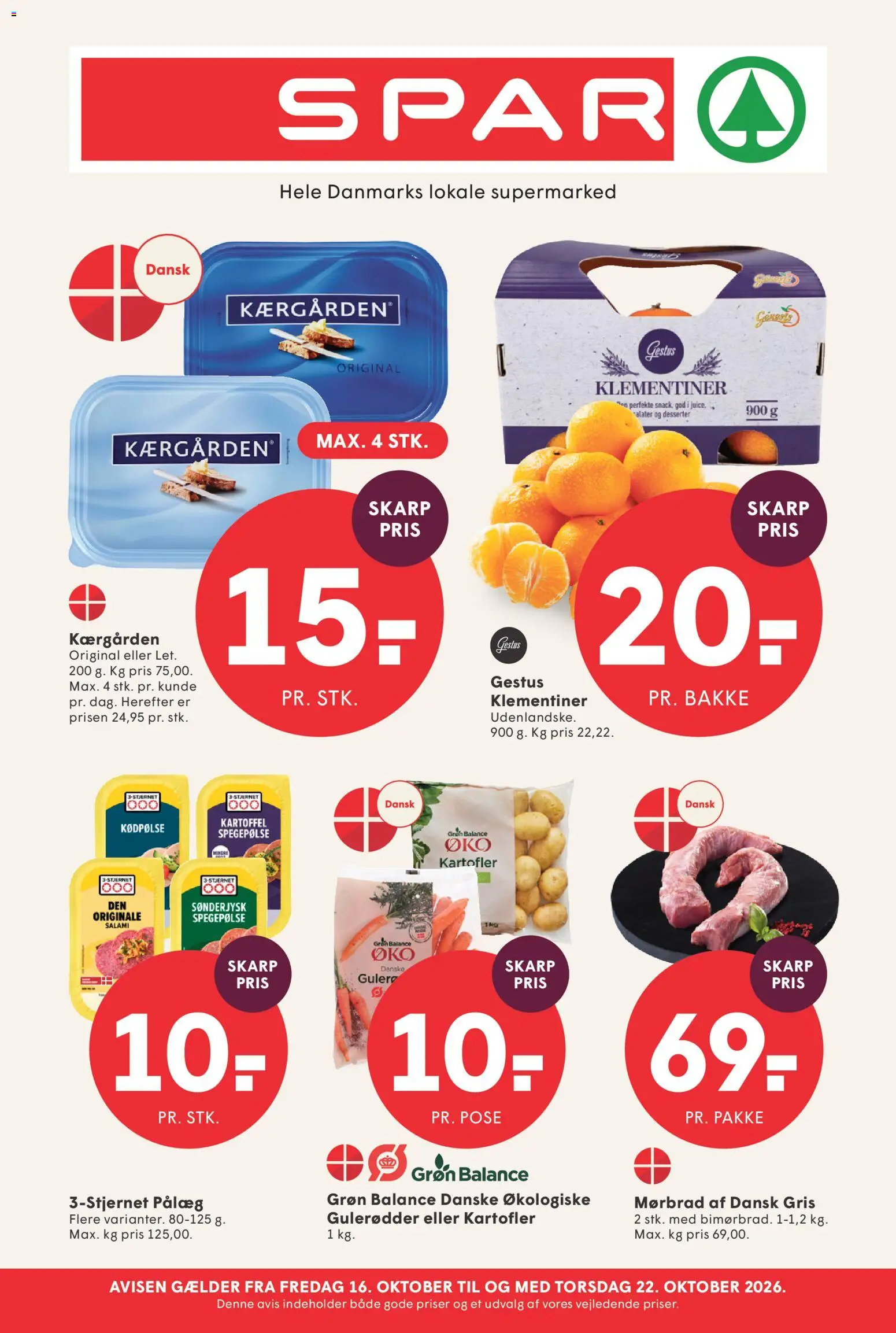 Eksempel på tilbudsavis Spar - Tilbudsavis uge 42 fra butik Spar gyldig fra 16/10/2026 - Gulerødder, Kartofler, Juice, Pålæg, Spegepølse, Salami