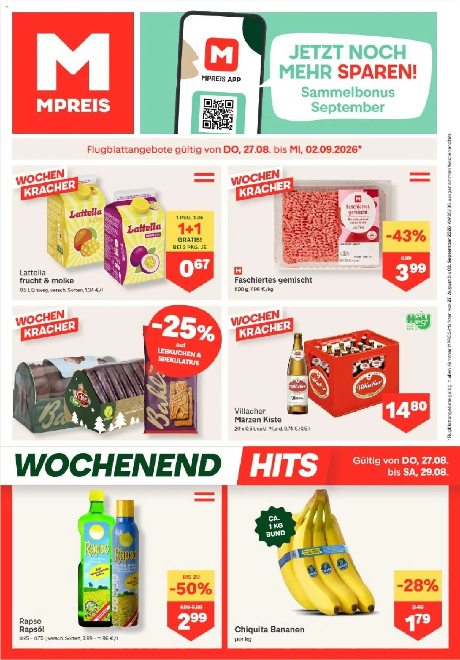 Vorschau der Angebote: MPREIS MPREIS Dellach im Drautal gültig ab 27.08.2026 - Mango, Lebkuchen, Bananen, Rapsöl