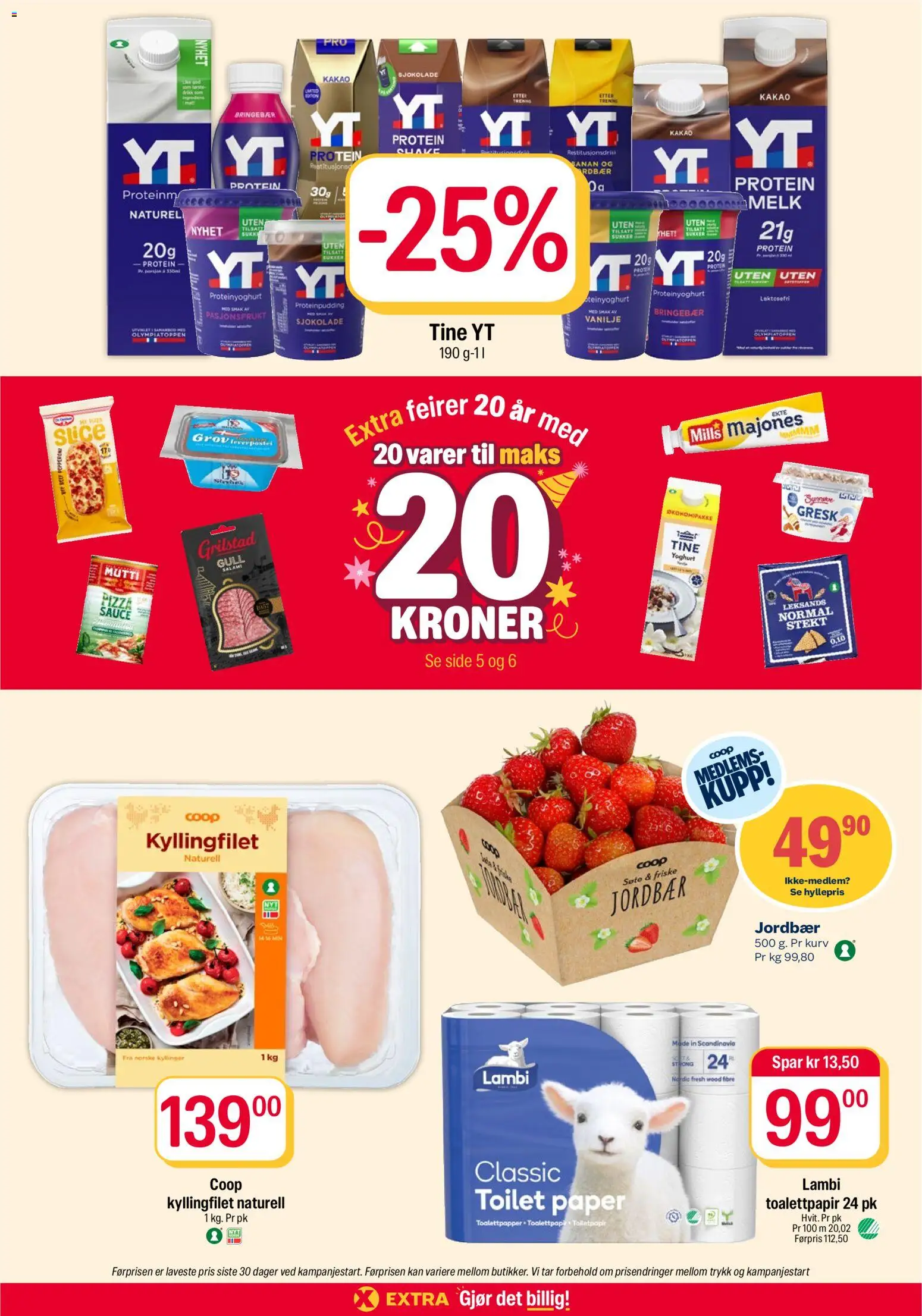 Forhåndsvis Coop Extra kundeavis djort det billig fra butikk Coop Extra gyldig fra 19/10/2026 - Toalettpapir, Pasjonsfrukt, Jordbær, Ved, 1, Protein, Proteinyoghurt, Grilstad