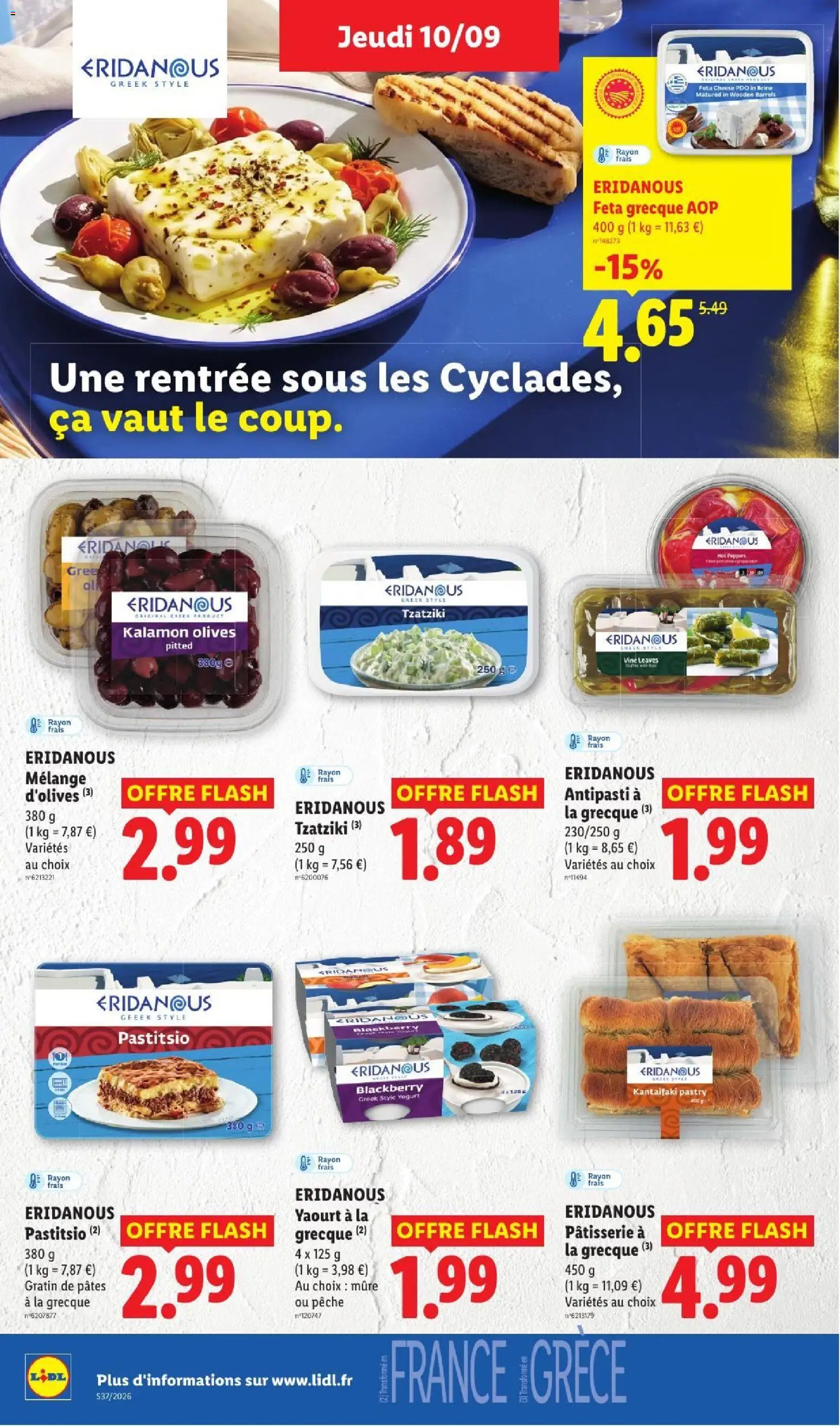 Prévisualisation de LIDL catalogue du magasin LIDL formulaire valide 10/09/2026 - Pêche, Yaourt, Pâtes, Feta, Yaourt à La Grecque, Olives, Olive, Antipasti