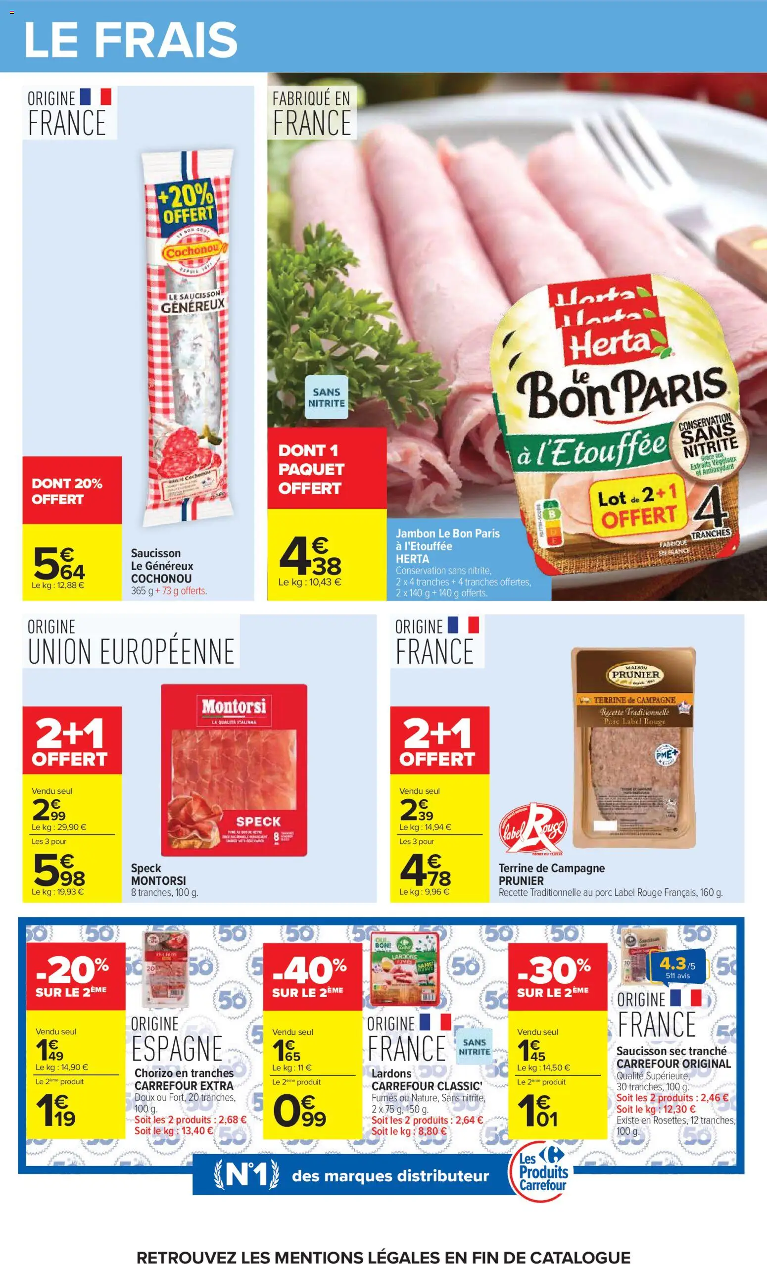 Prévisualisation de Carrefour catalogue du magasin Carrefour formulaire valide 20/10/2026 - Distributeur, Saucisson, Jambon, Chorizo, Lardons, Porc, Saucisson sec