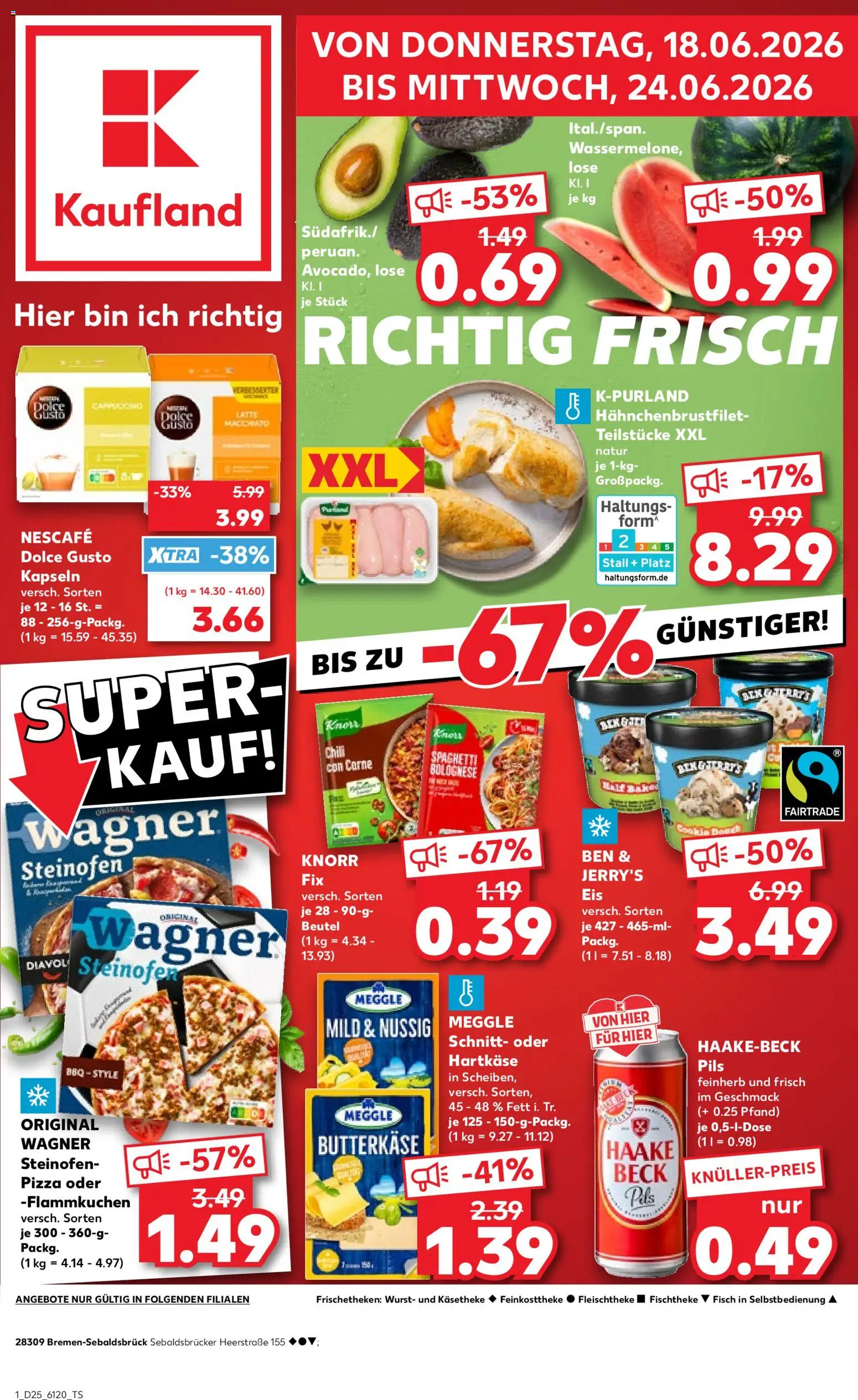Vorschau von dem Prospekt des Geschäftes Kaufland, gültig ab dem 18.06.2026 - Pizza, Eis, Fisch, Wurst, Spaghetti, Nescafe, Knorr, Knorr fix