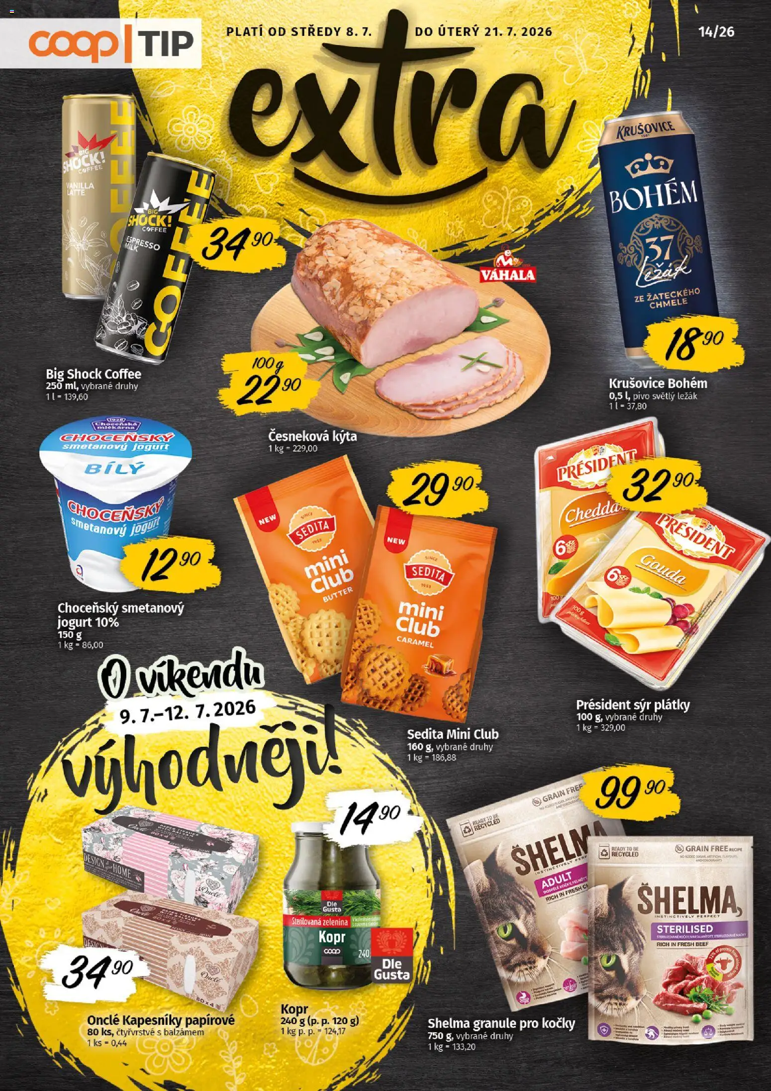 Náhled nabídky: Coop Coop leták - Tip Extra platný od 08.07.2026 - Pivo, Sýr, Jogurt, Kopr, Kýta, Granule, Krušovice Bohém, Smetanový jogurt