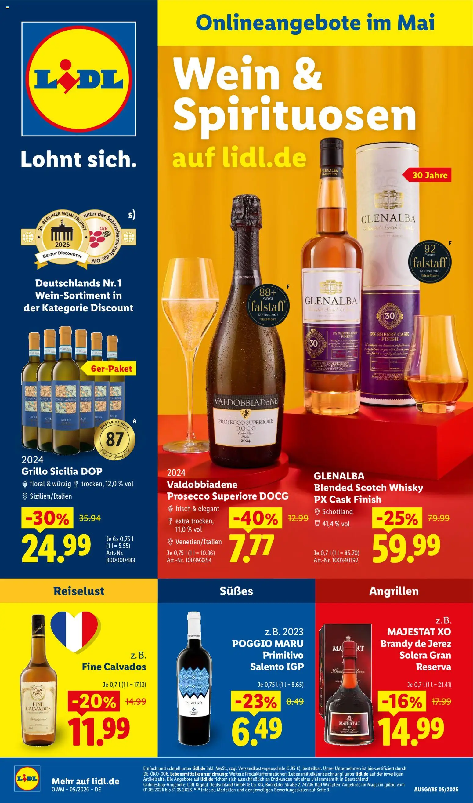 Vorschau von dem Prospekt des Geschäftes Lidl, gültig ab dem 01.05.2026 - Bad, Wein, Whisky, Prosecco, Magazin, Finish