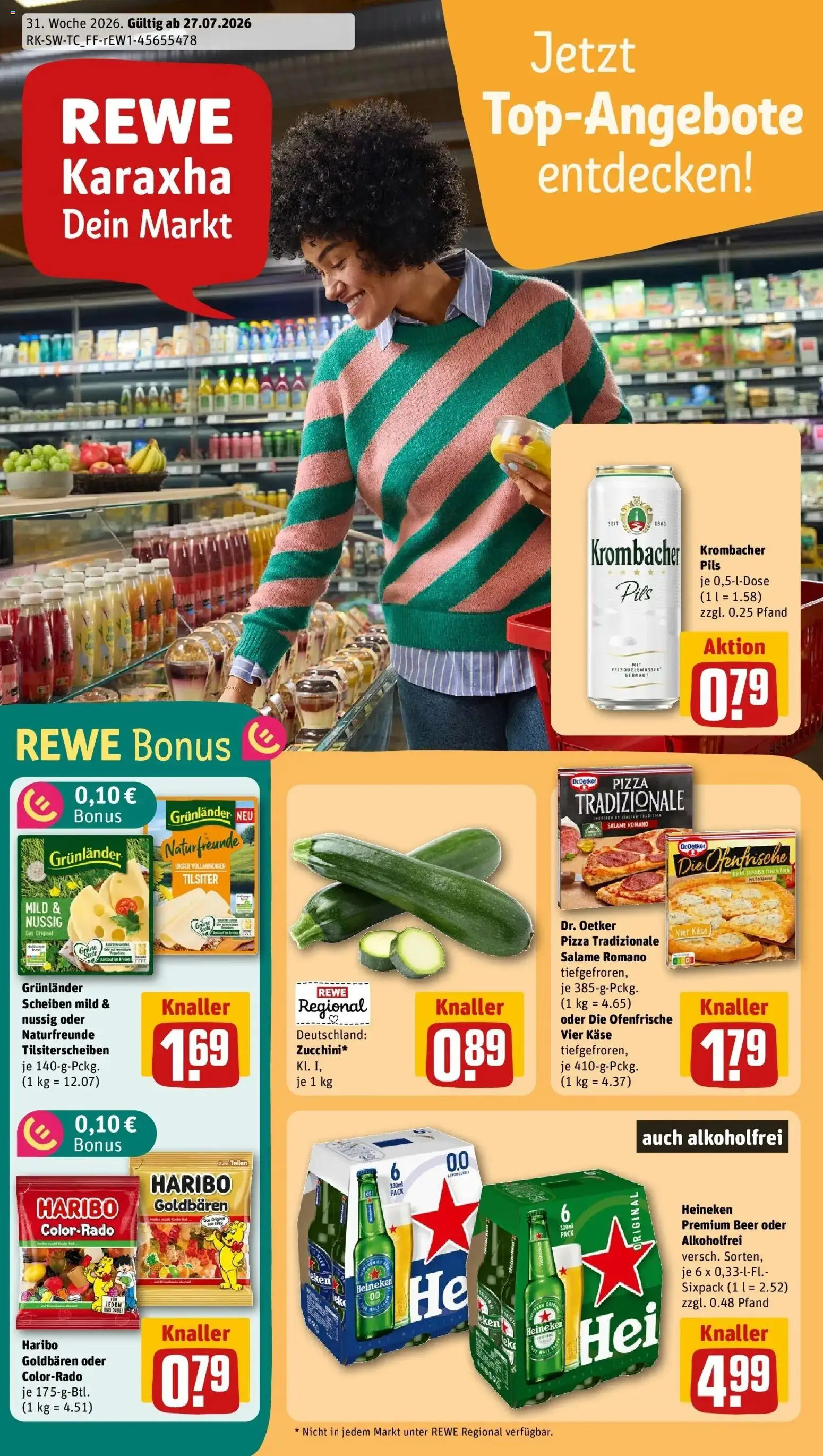 Vorschau von dem Prospekt des Geschäftes Rewe, gültig ab dem 27.07.2026 - Pizza, Käse, Haribo, Krombacher, Heineken, Pils, Ofenfrische, Grunlander
