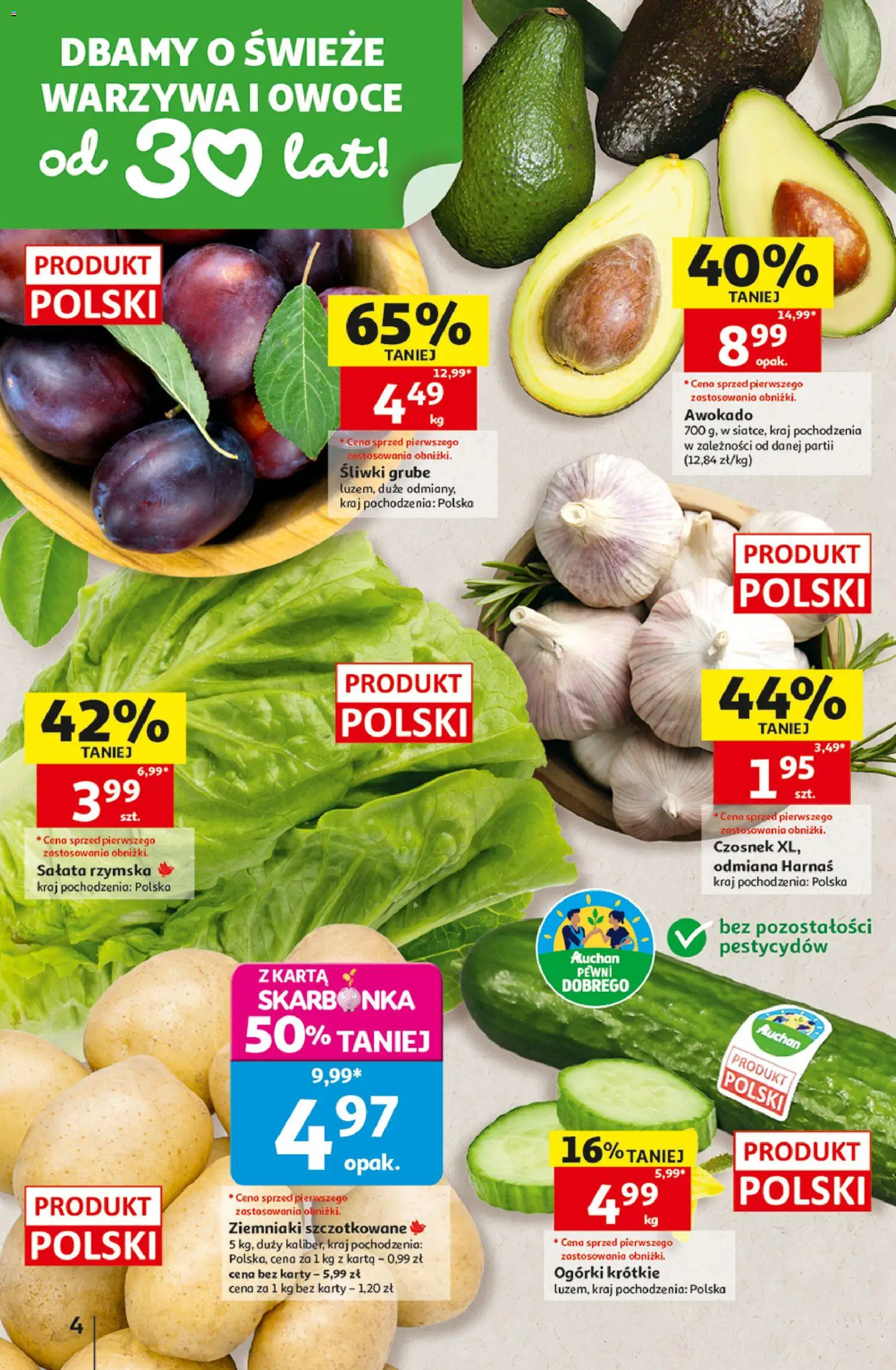 Pogląd gazetki "Auchan gazetka - Hipermarket" ze sklepu Auchan ważnej od 15.10.2026 - Owoce, Warzywa, Ogórki, Czosnek, Sałata rzymska, Śliwki, Harnaś, Sałata