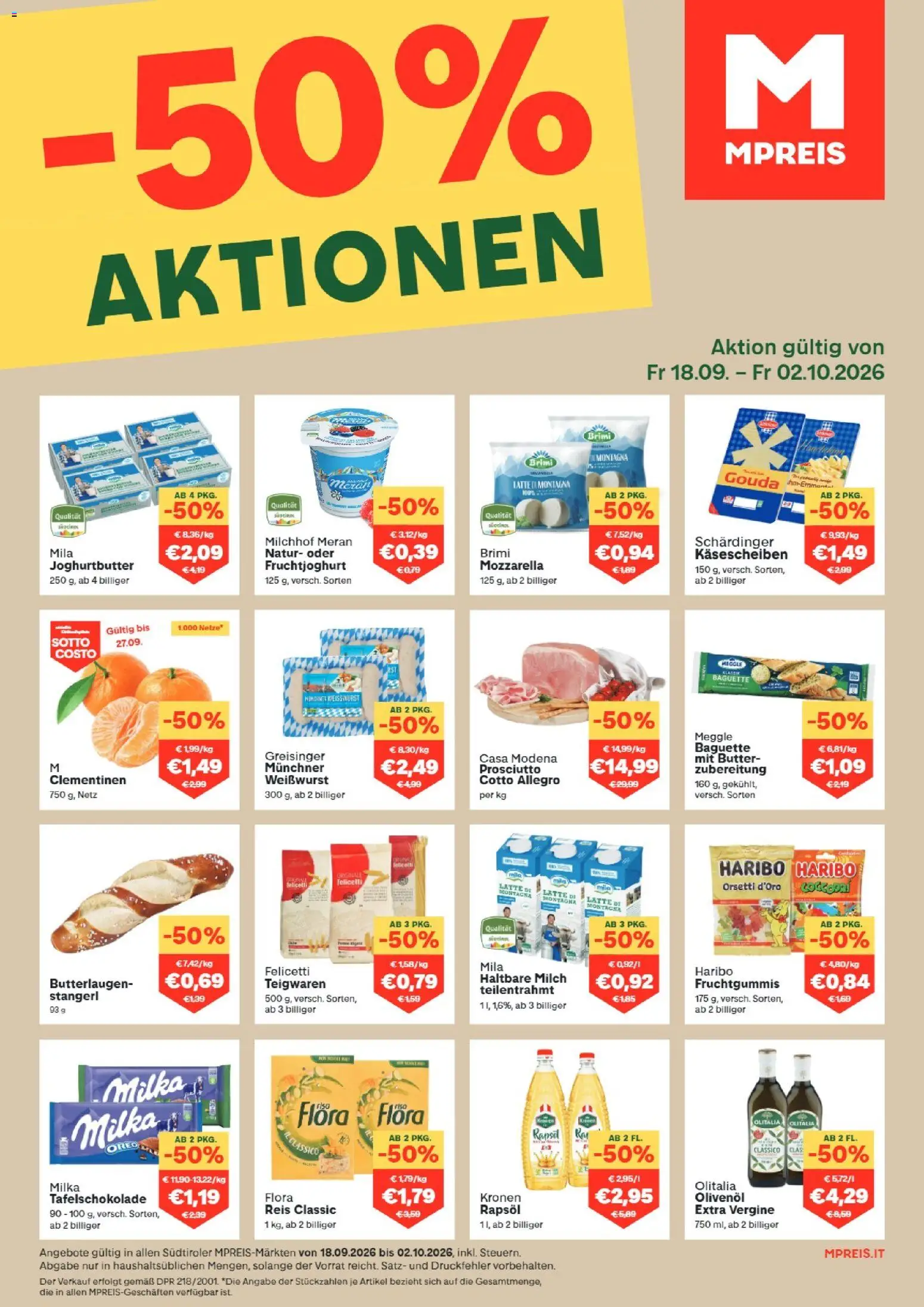 Vorschau der Angebote: MPREIS MPREIS Algund gültig ab 18.09.2026 - Baguette, Milch, Butter, Reis, Rapsöl