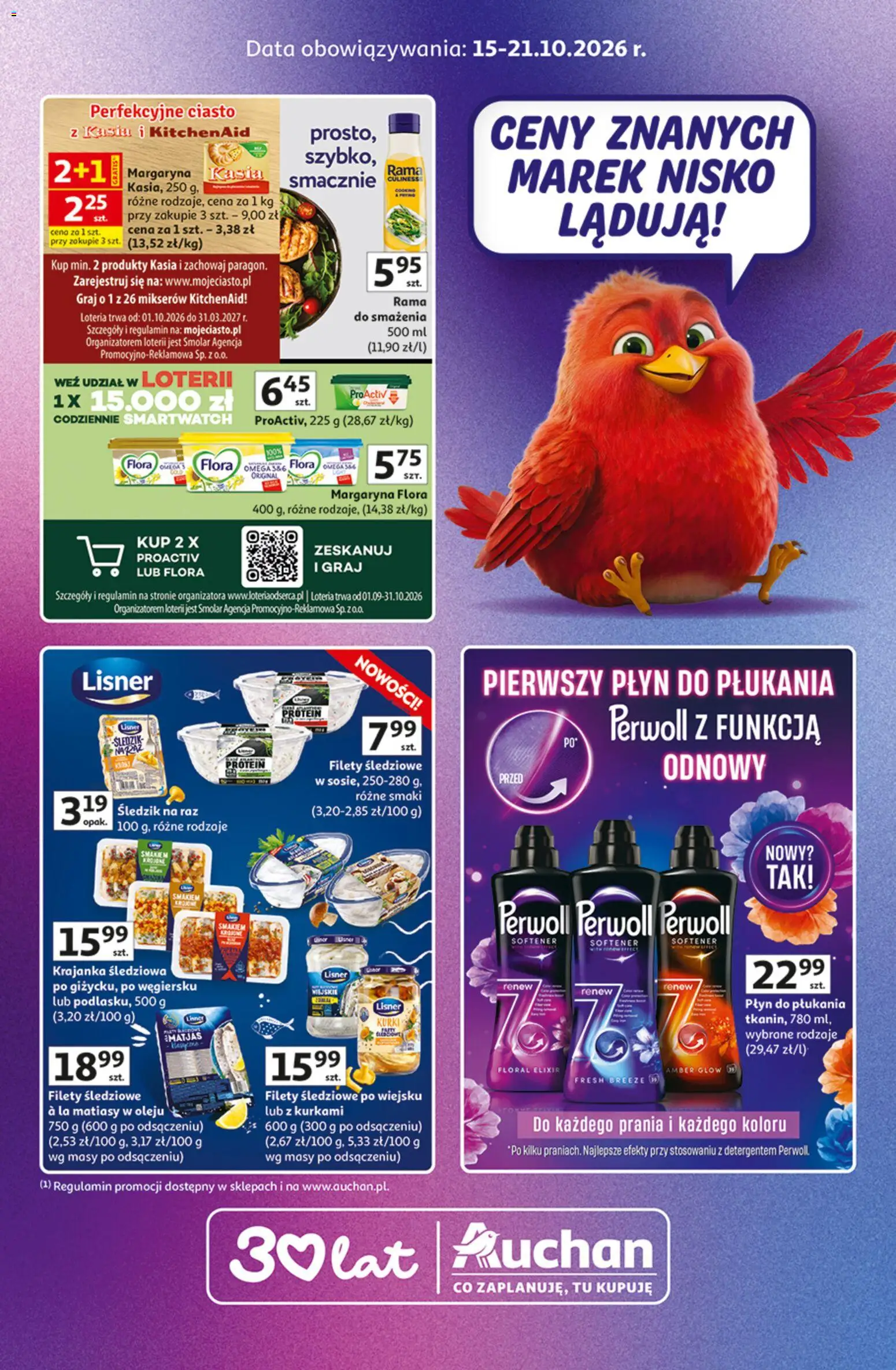 Pogląd gazetki "Auchan gazetka - Znane marki" ze sklepu Auchan ważnej od 15.10.2026 - Smartwatch, Ciasto, Omega, Płyn do płukania, Kurki, Margaryna, Rama, Margaryna kasia