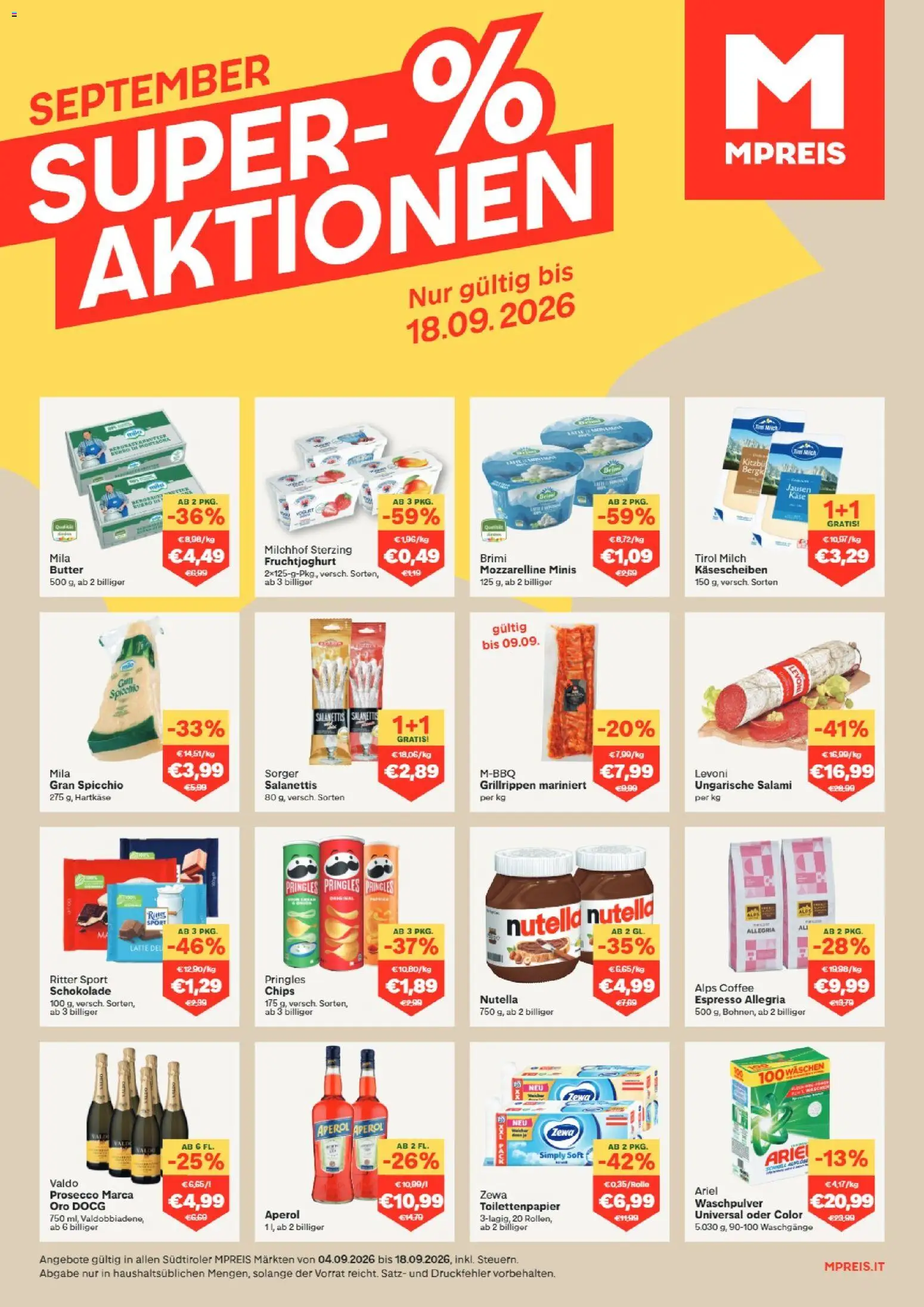 Vorschau der Angebote: MPREIS MPREIS Algund gültig ab 04.09.2026 - Schokolade, Chips, Prosecco, Nutella, Milch, Butter, Salami, Waschpulver