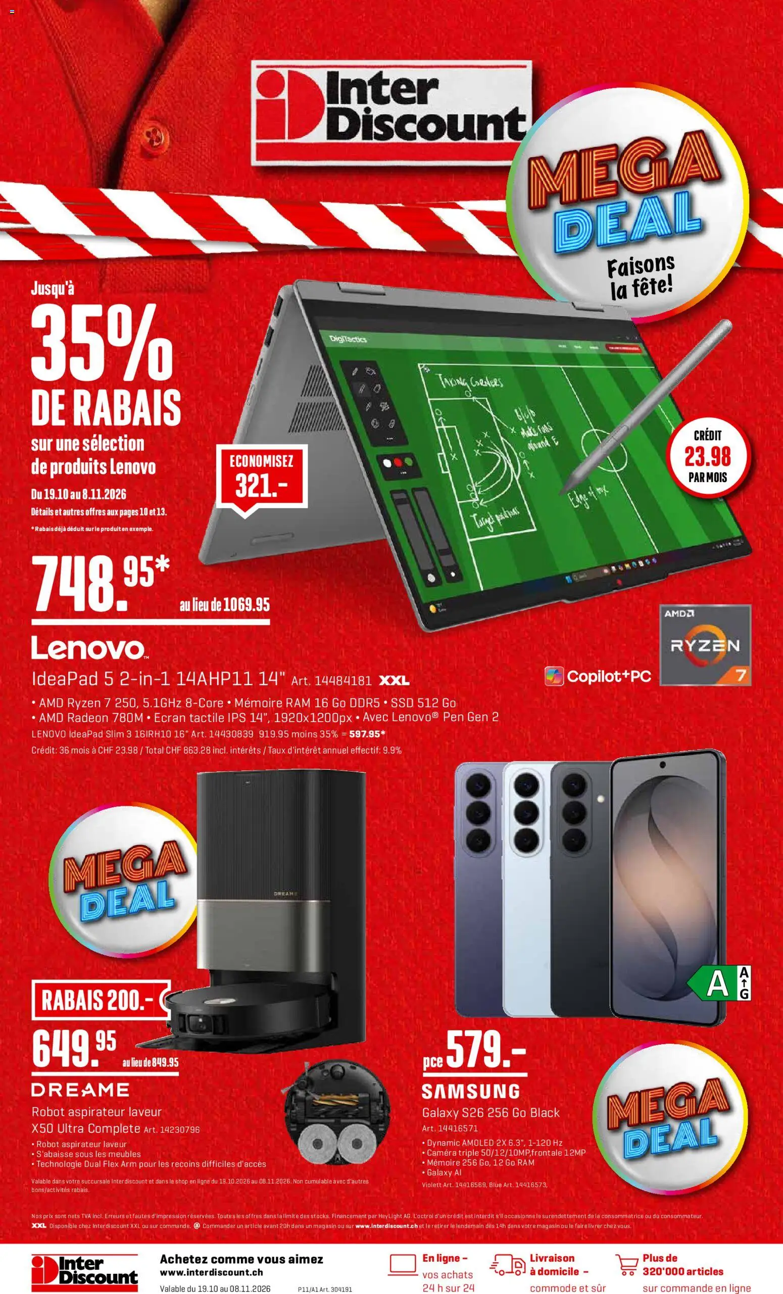 Vorschau des Merkblatts Interdiscount aktionen FR vom Shop Interdiscount gültig von 19.10.2026 bis 08.11.2026 - Samsung, Lenovo