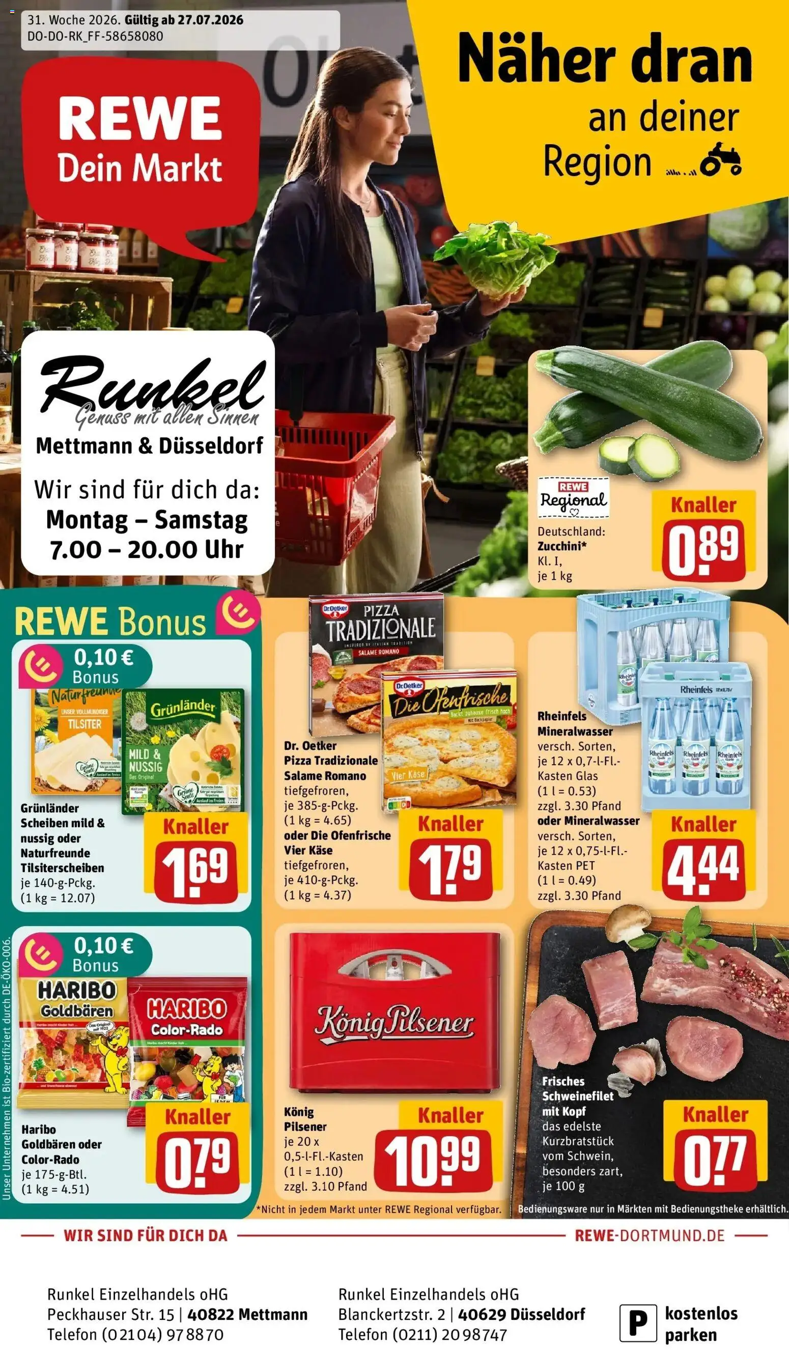 Vorschau von dem Prospekt des Geschäftes Rewe, gültig ab dem 27.07.2026 - Pizza, Uhr, Telefon, Käse, Mineralwasser, Met, Schweinefilet, Ofenfrische